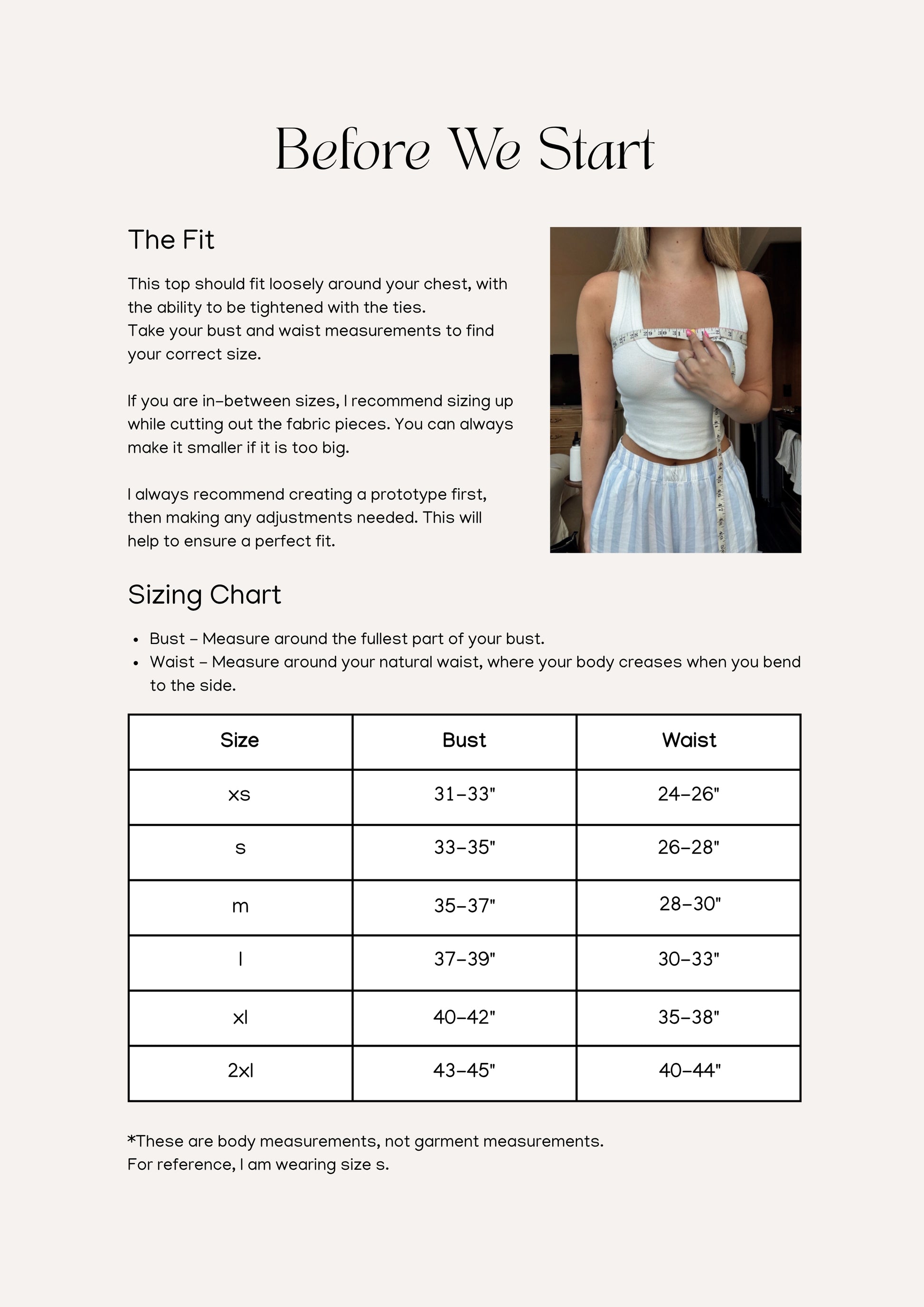Elodie Top sewing pattern – blouse pattern sizing information and measurement chart for accurate fit.