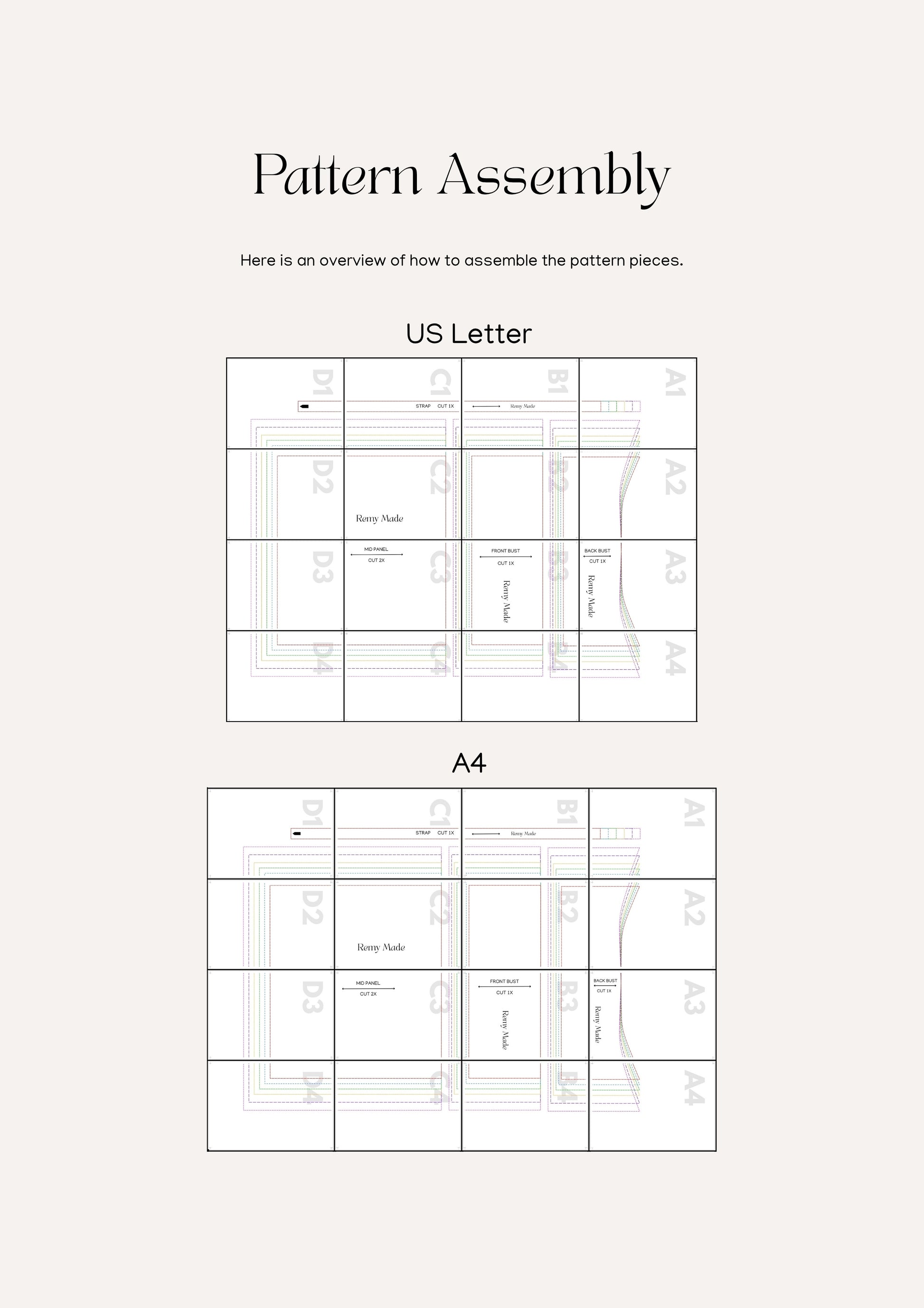 Lottie Top sewing pattern – blouse pattern assembly guide showing how to print and put together pattern pieces.