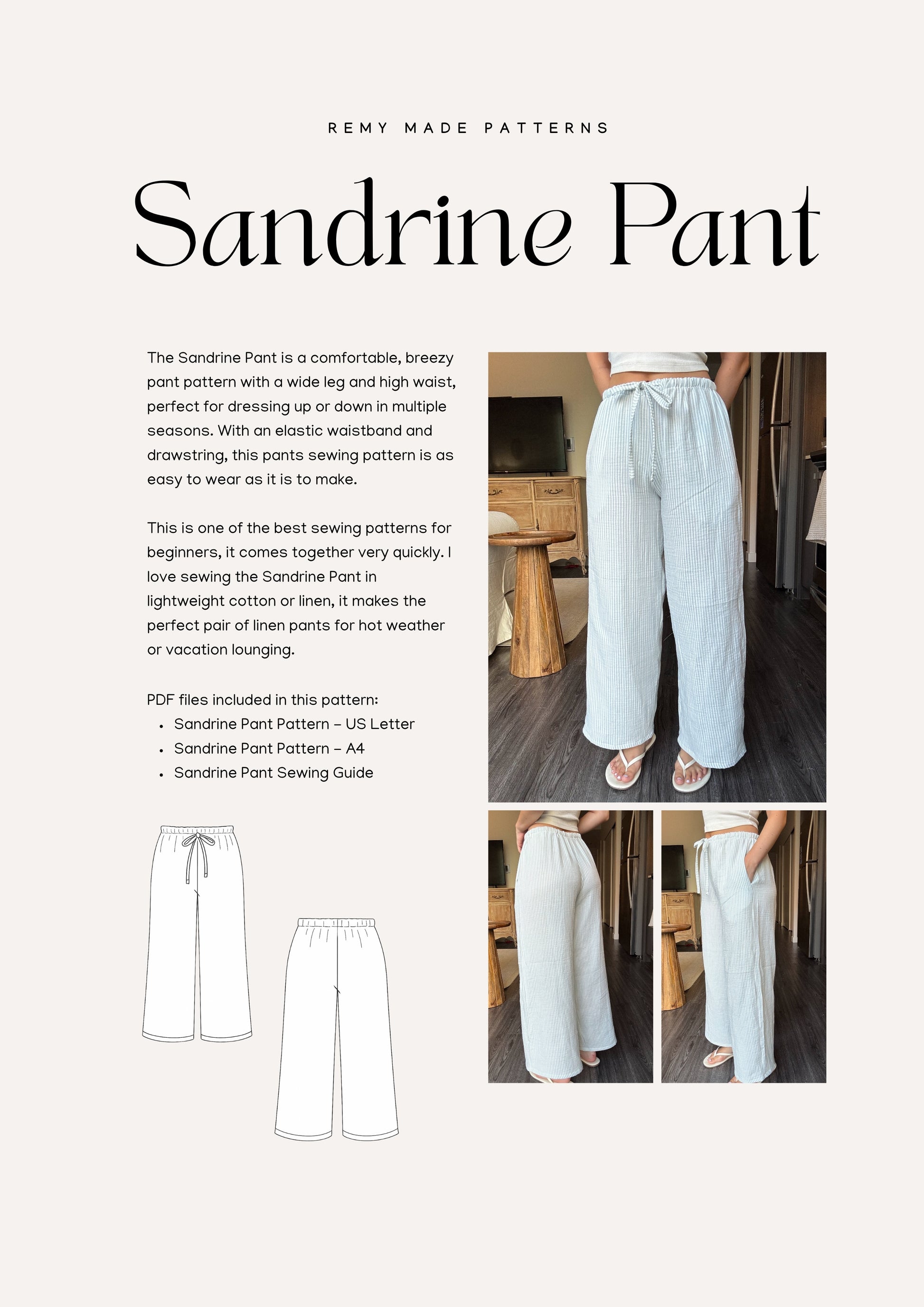 Sandrine Pant sewing pattern – pants pattern product details including features and sewing instructions.