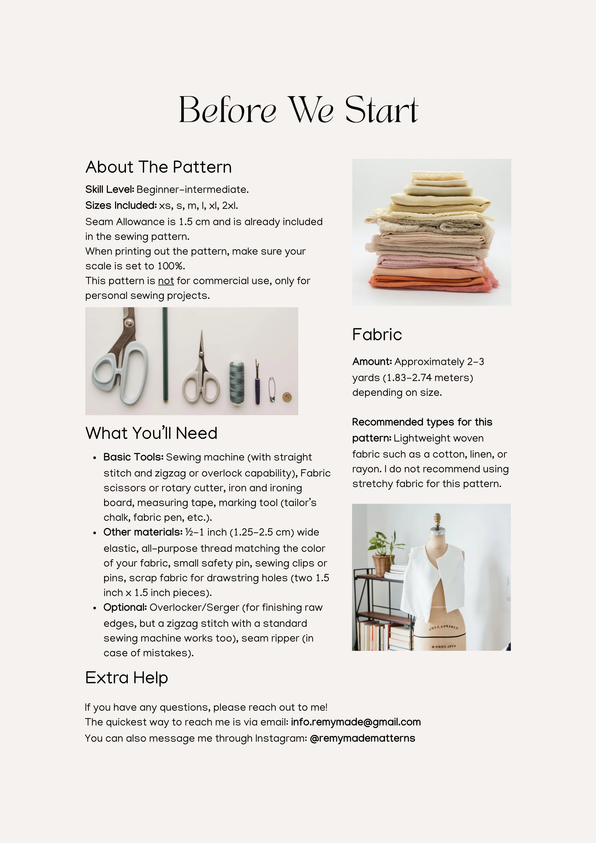 Sandrine Pant sewing pattern – pants pattern sewing guide showing materials and tools needed before starting.