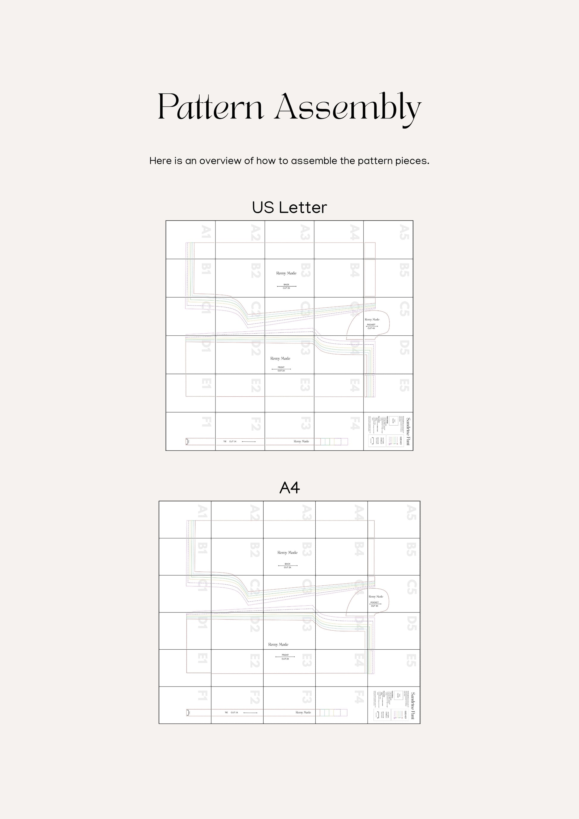 Sandrine Pant sewing pattern – pants pattern assembly guide showing how to print and put together pattern pieces.