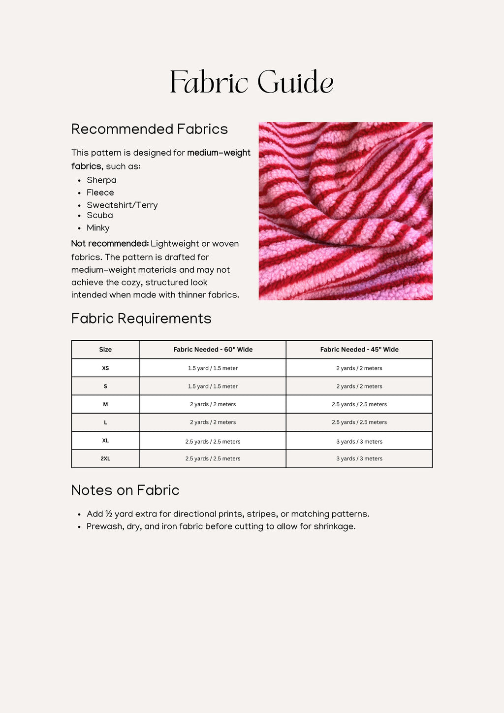 Alma Pullover sewing pattern – pullover information for amount and types of fabric.