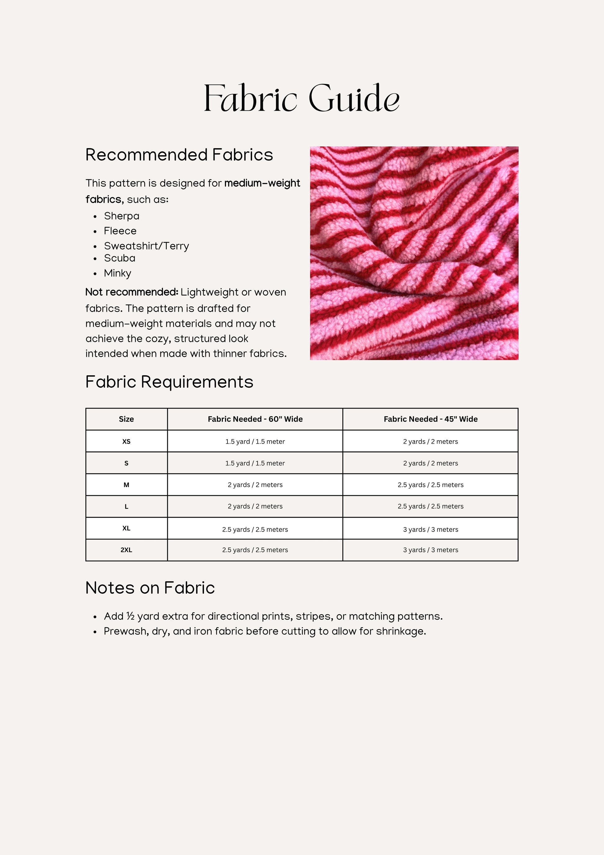 Alma Pullover sewing pattern – pullover information for amount and types of fabric.