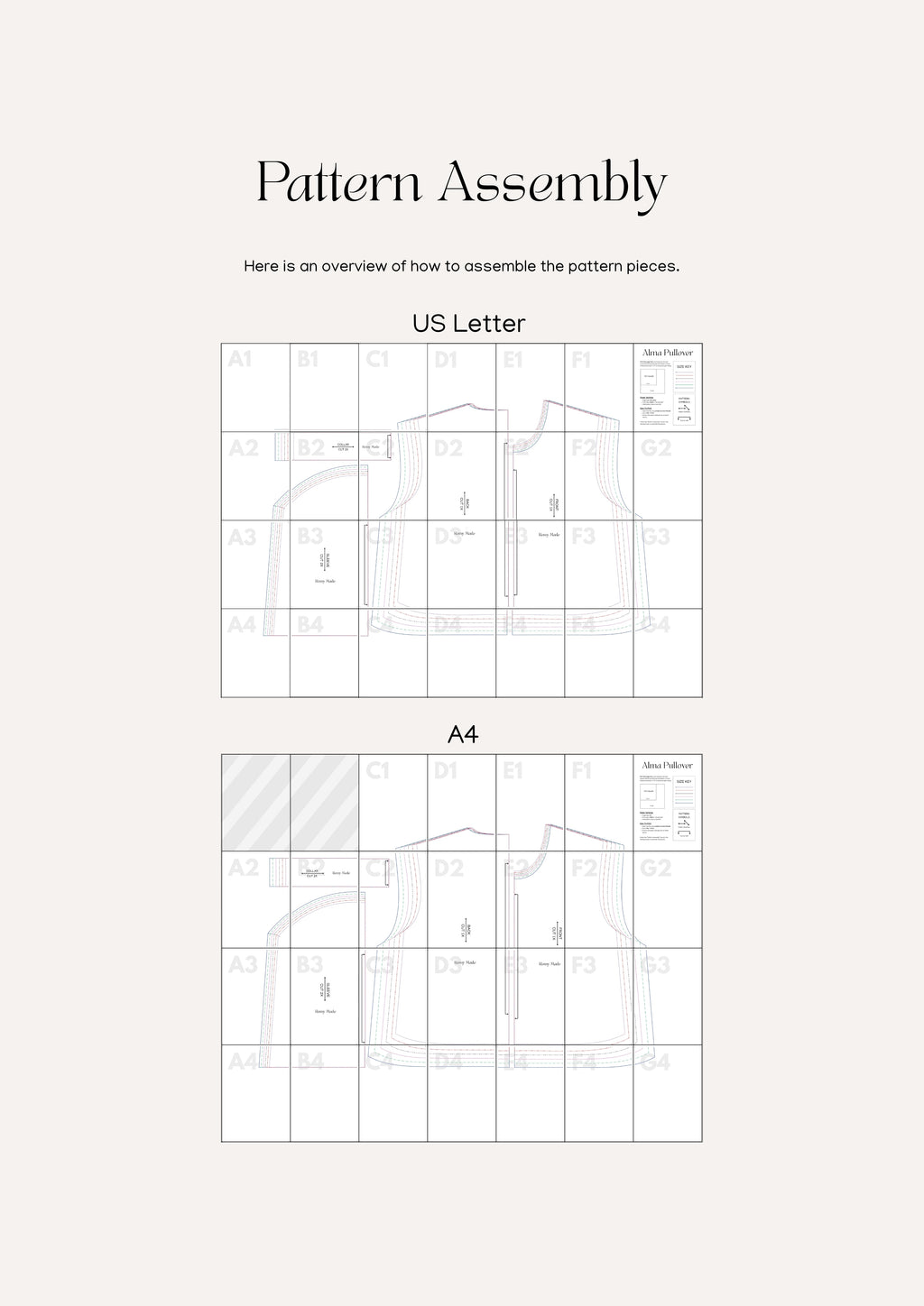 Alma Pullover sewing pattern – pullover assembly guide showing how to print and put together pattern pieces.