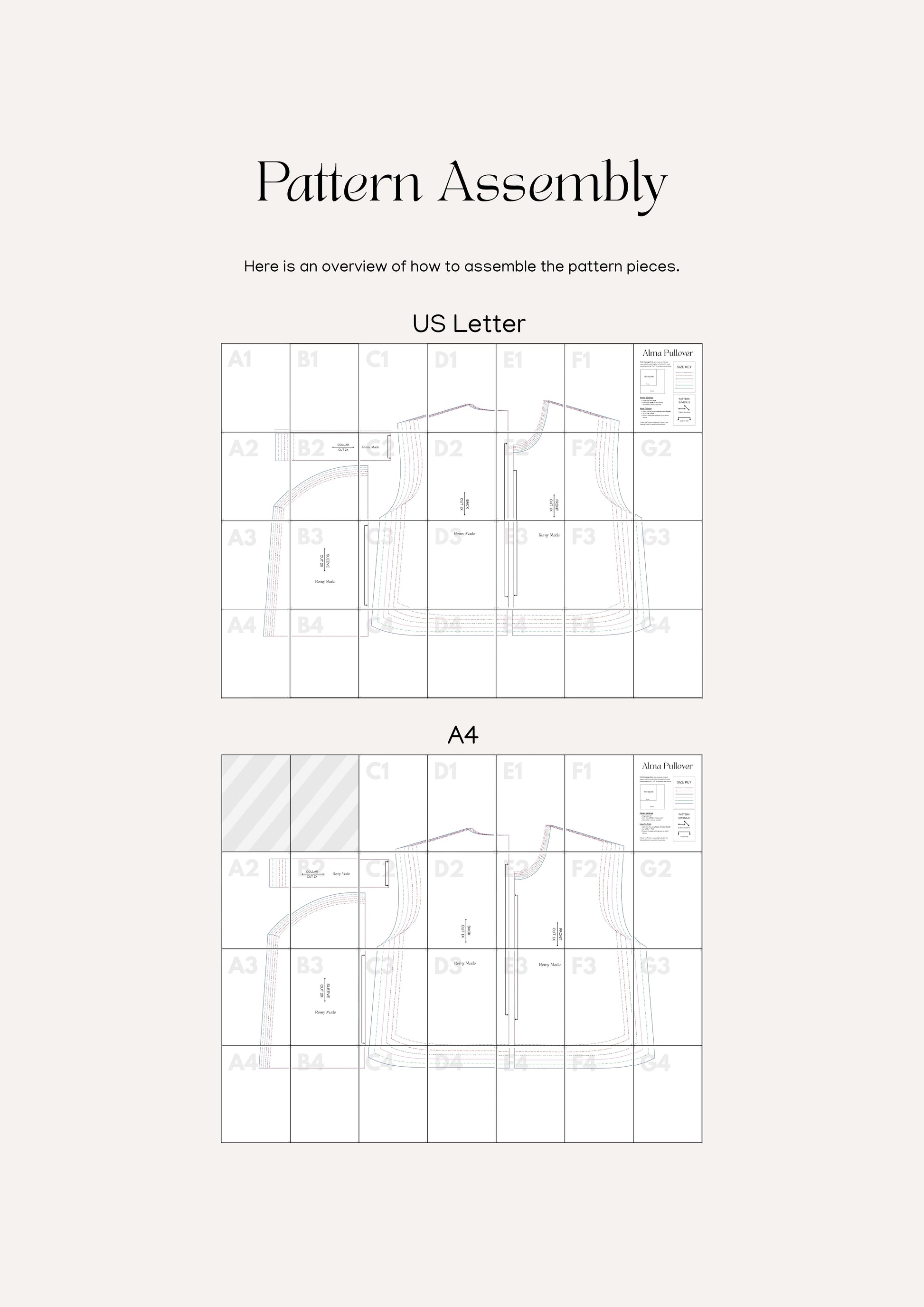Alma Pullover sewing pattern – pullover assembly guide showing how to print and put together pattern pieces.