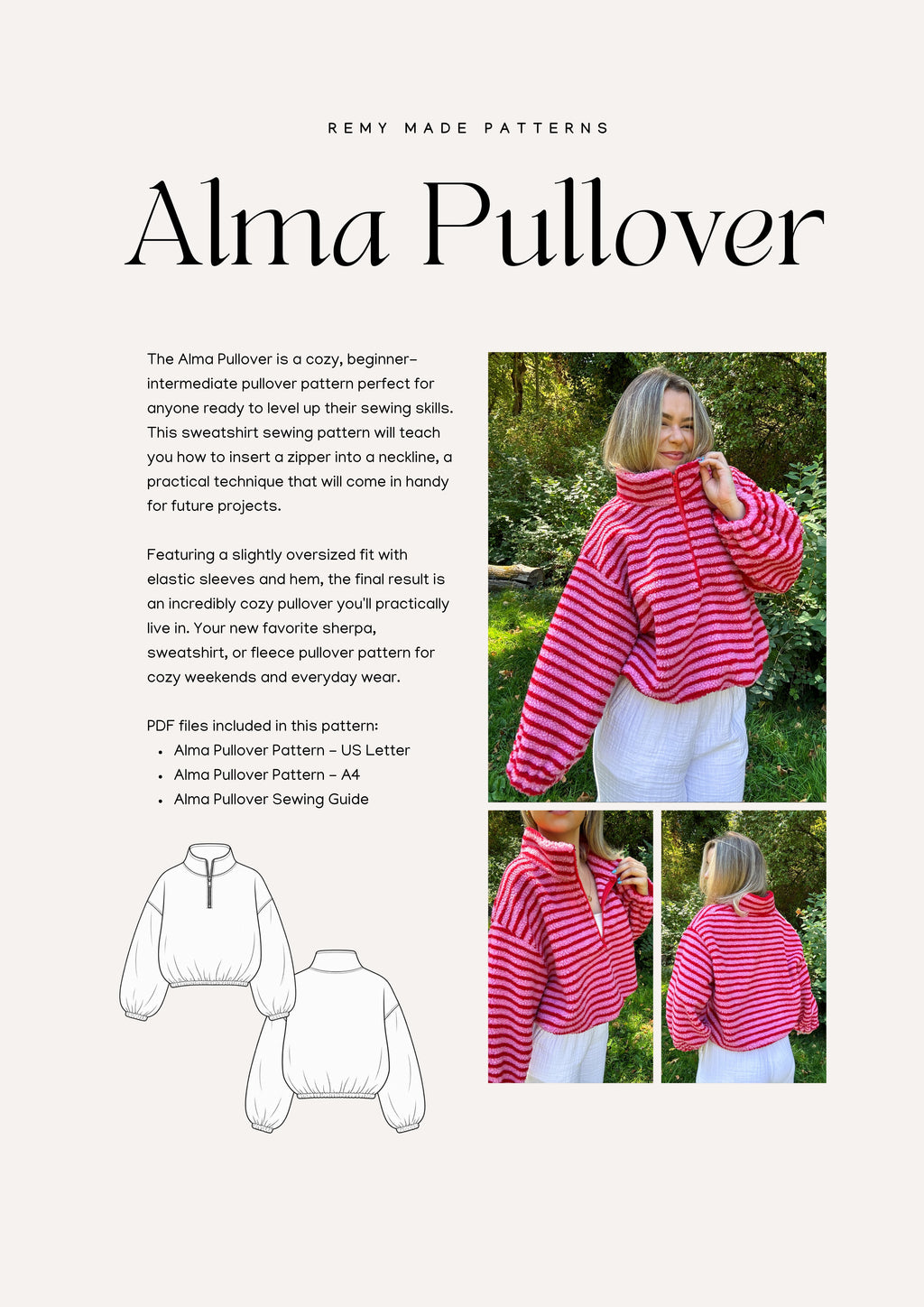 Alma Pullover sewing pattern – pullover product details including features and sewing instructions.