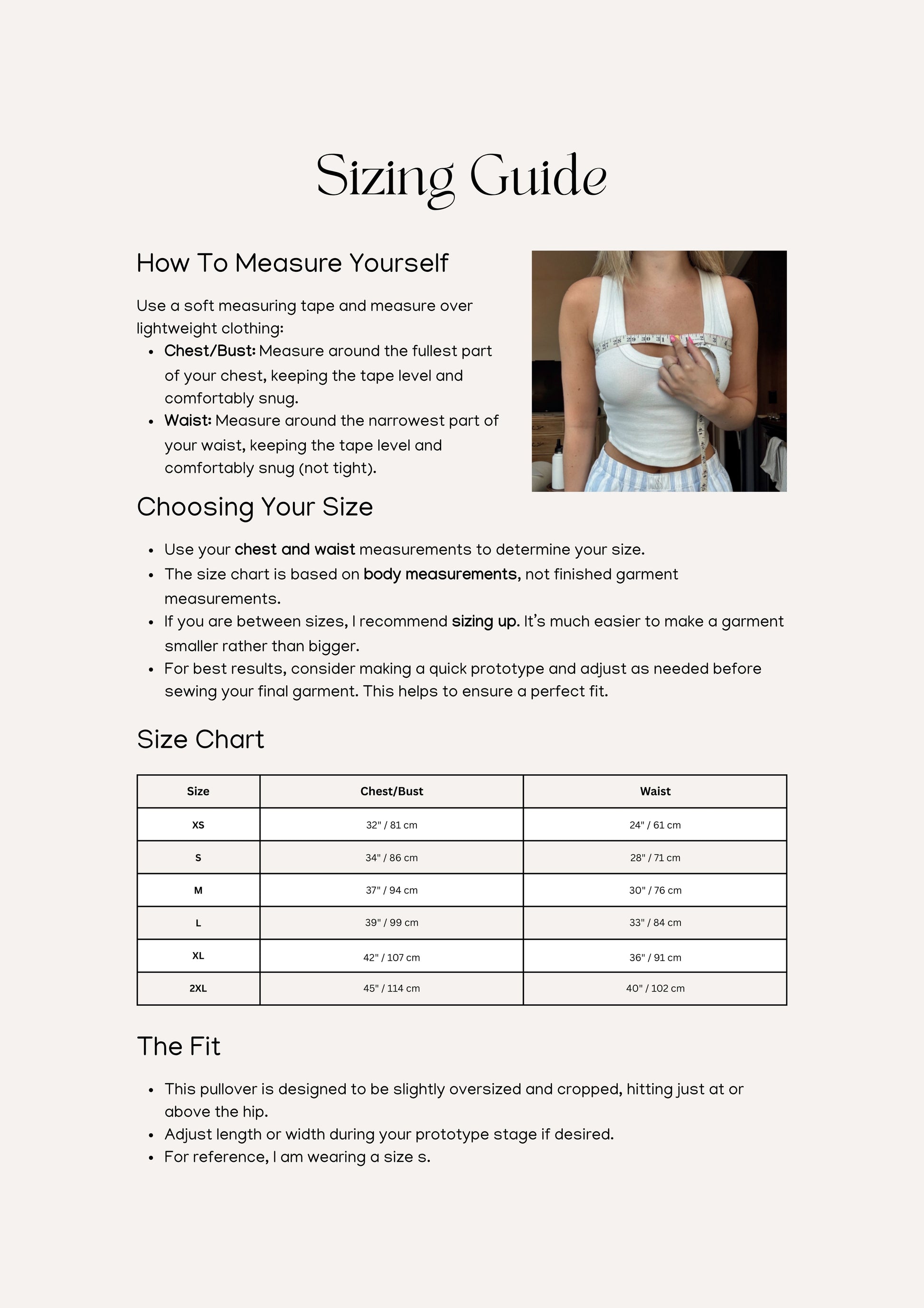 Alma pullover sewing pattern – pullover sizing information and measurement chart for accurate fit.