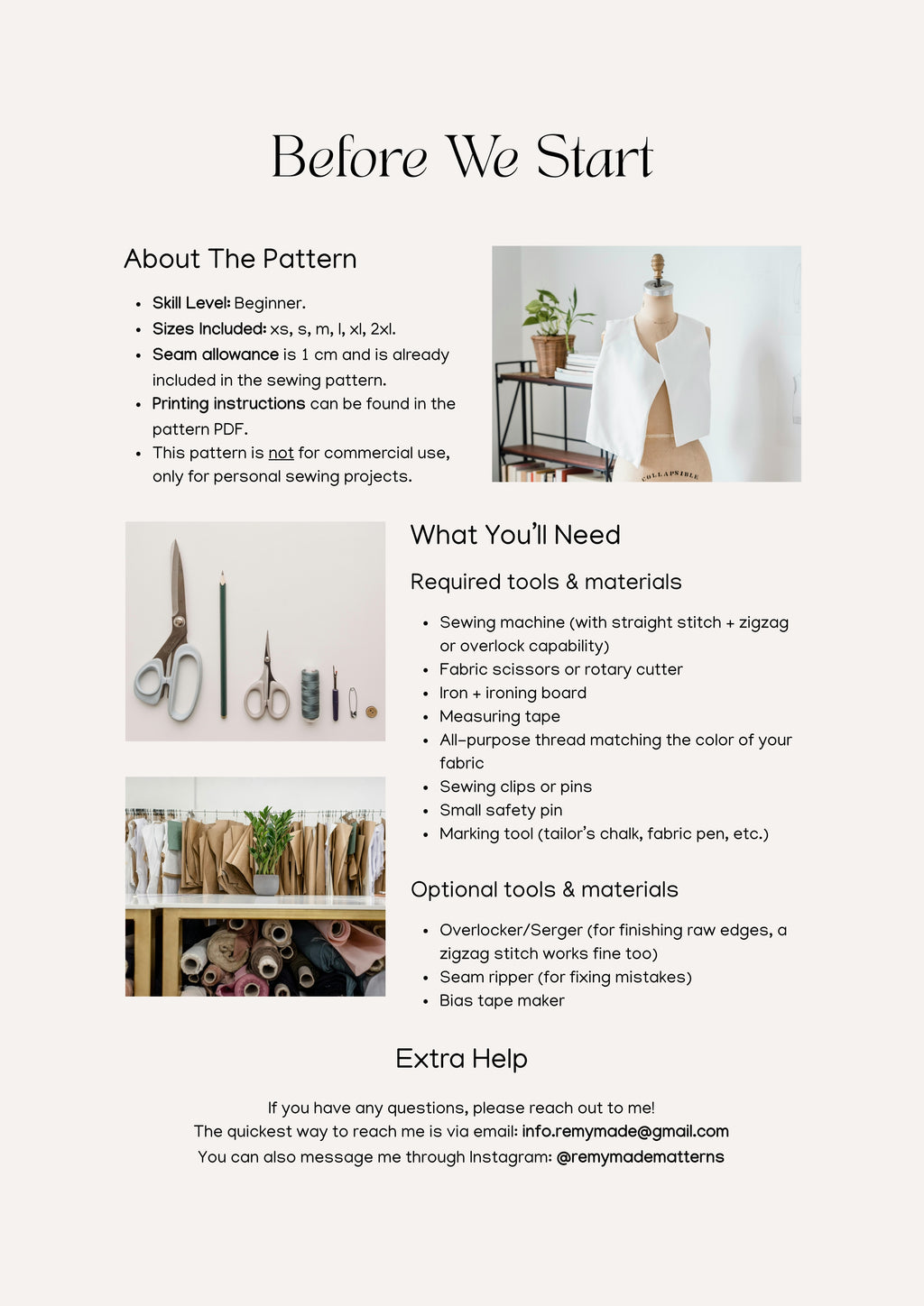 Elodie Top sewing pattern  – blouse sewing guide showing materials and tools needed before starting.