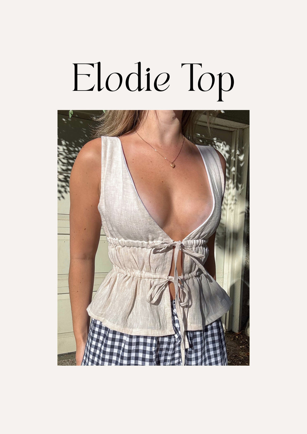 Elodie Top sewing pattern – beginner-friendly blouse pattern showing the finished top design.