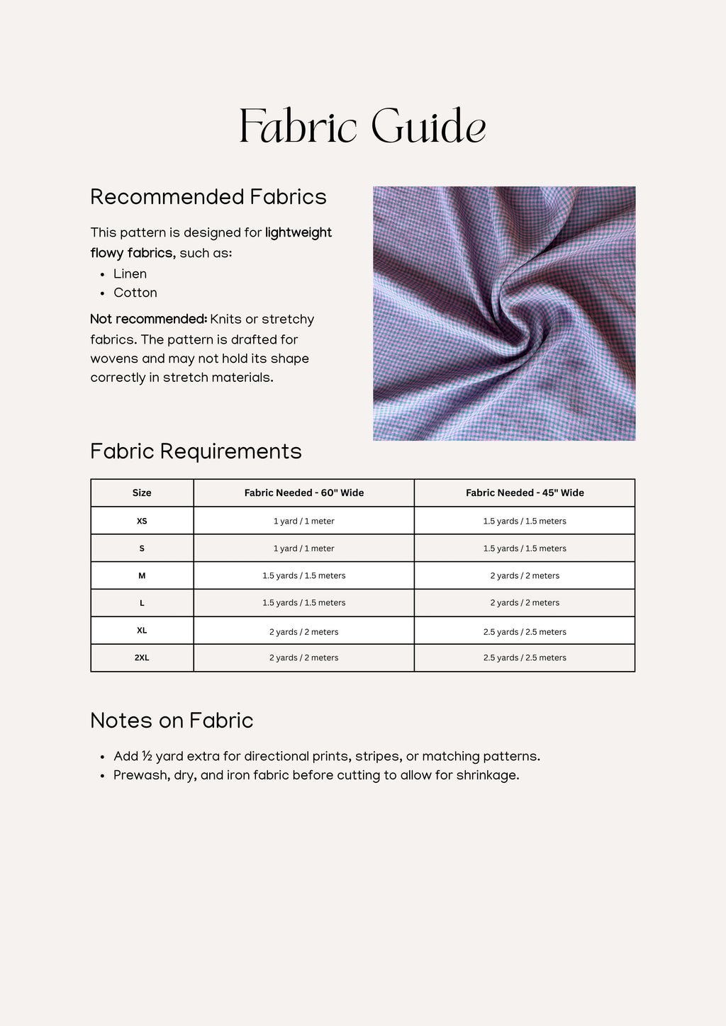 Elodie Top sewing pattern – blouse information for amount and types of fabric.