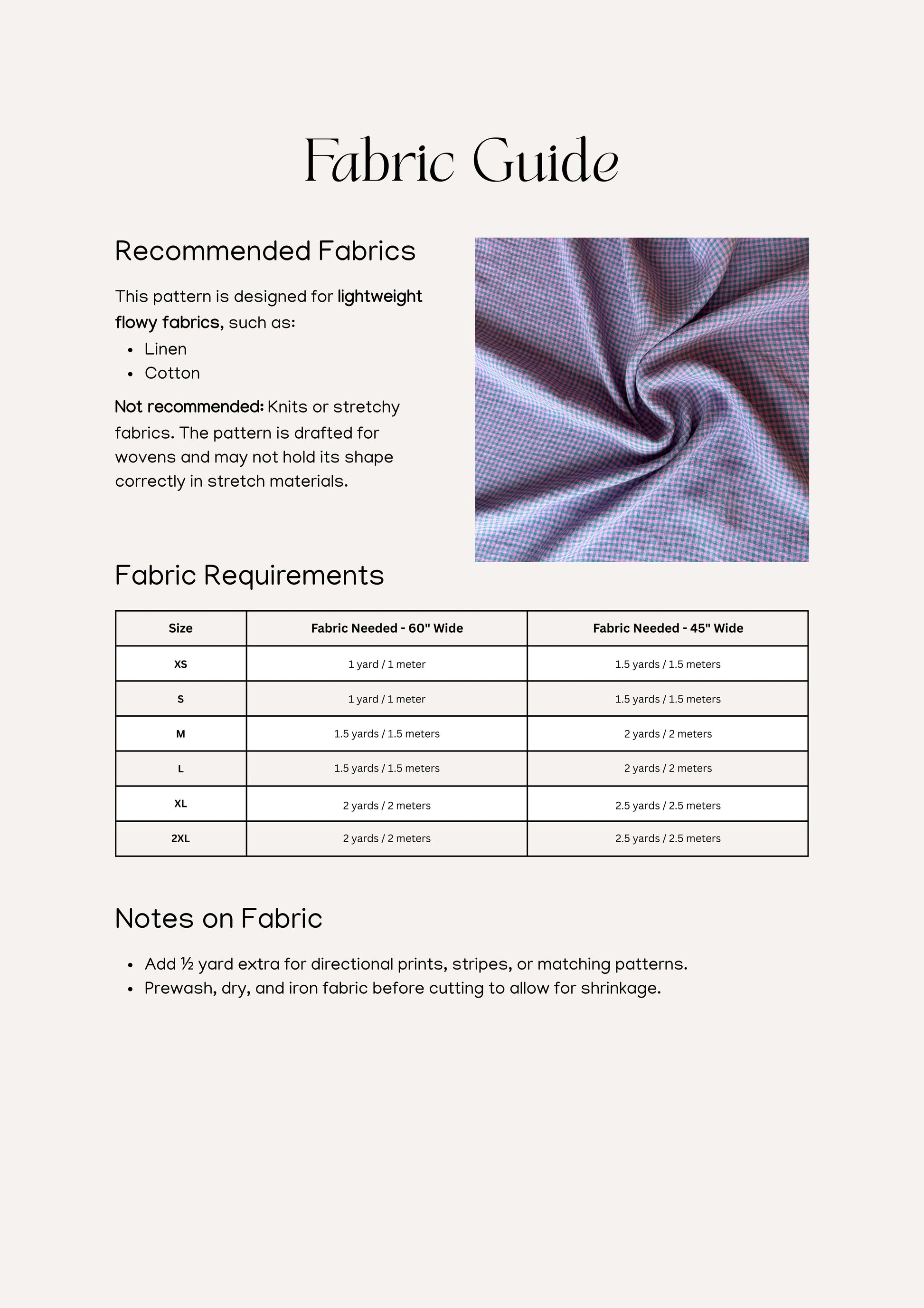 Elodie Top sewing pattern – blouse information for amount and types of fabric.