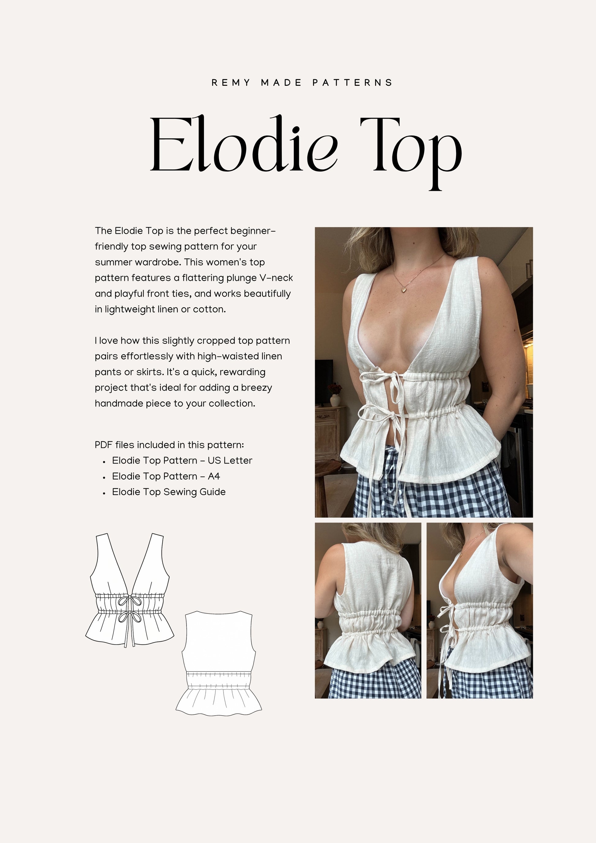 Elodie Top sewing pattern – blouse pattern product details including features and sewing instructions.