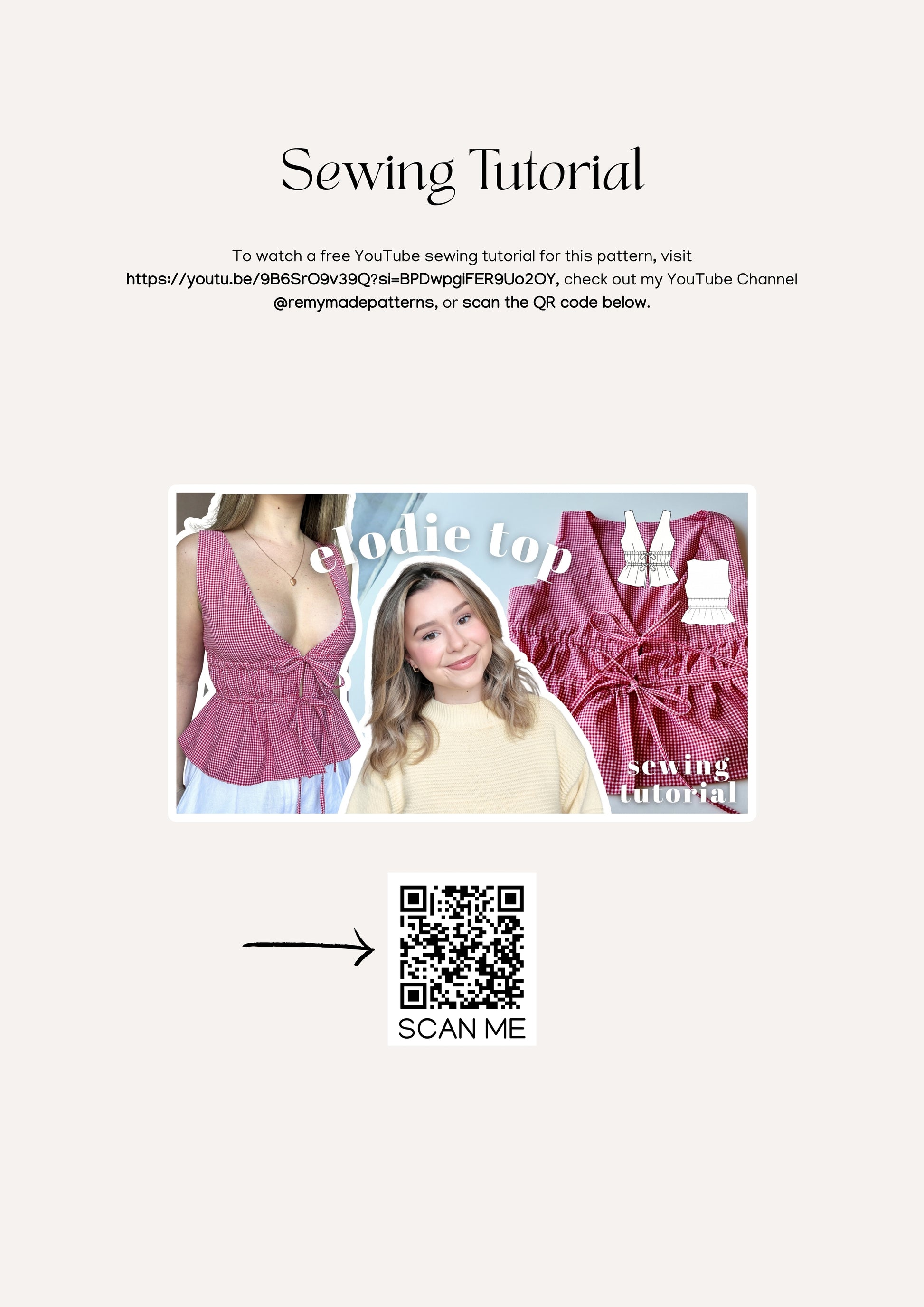 Elodie Top sewing pattern  – blouse sewing tutorial or information showing where to access the sewing video on Youtube.