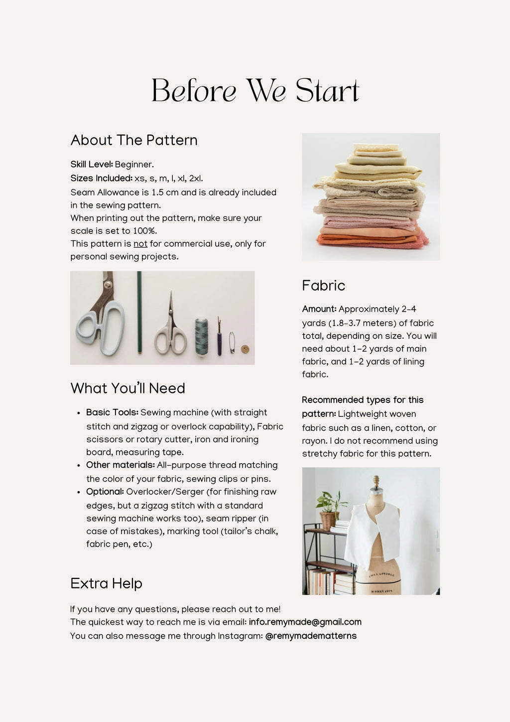 Eloise Dress sewing pattern – dress pattern sewing guide showing materials and tools needed before starting.