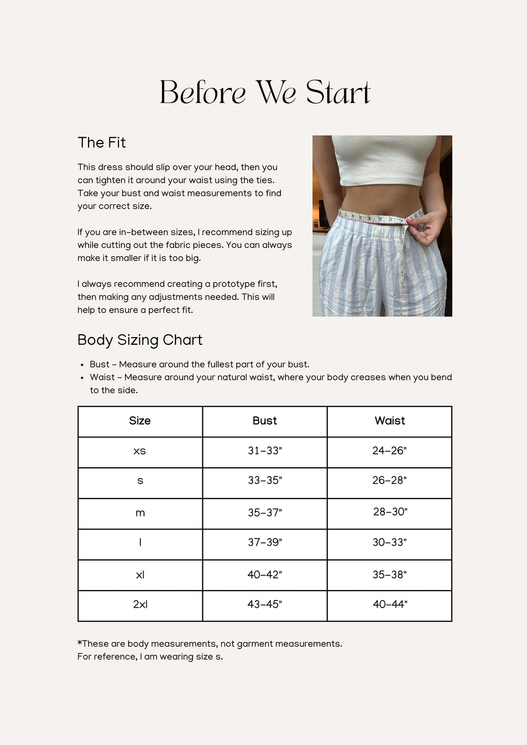 Eloise Dress sewing pattern – dress pattern sizing information and measurement chart for accurate fit.