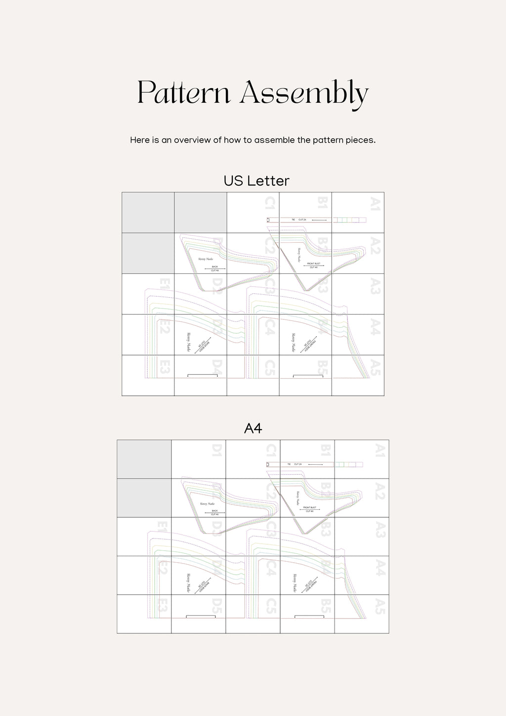 Eloise Dress sewing pattern – dress pattern assembly guide showing how to print and put together pattern pieces.