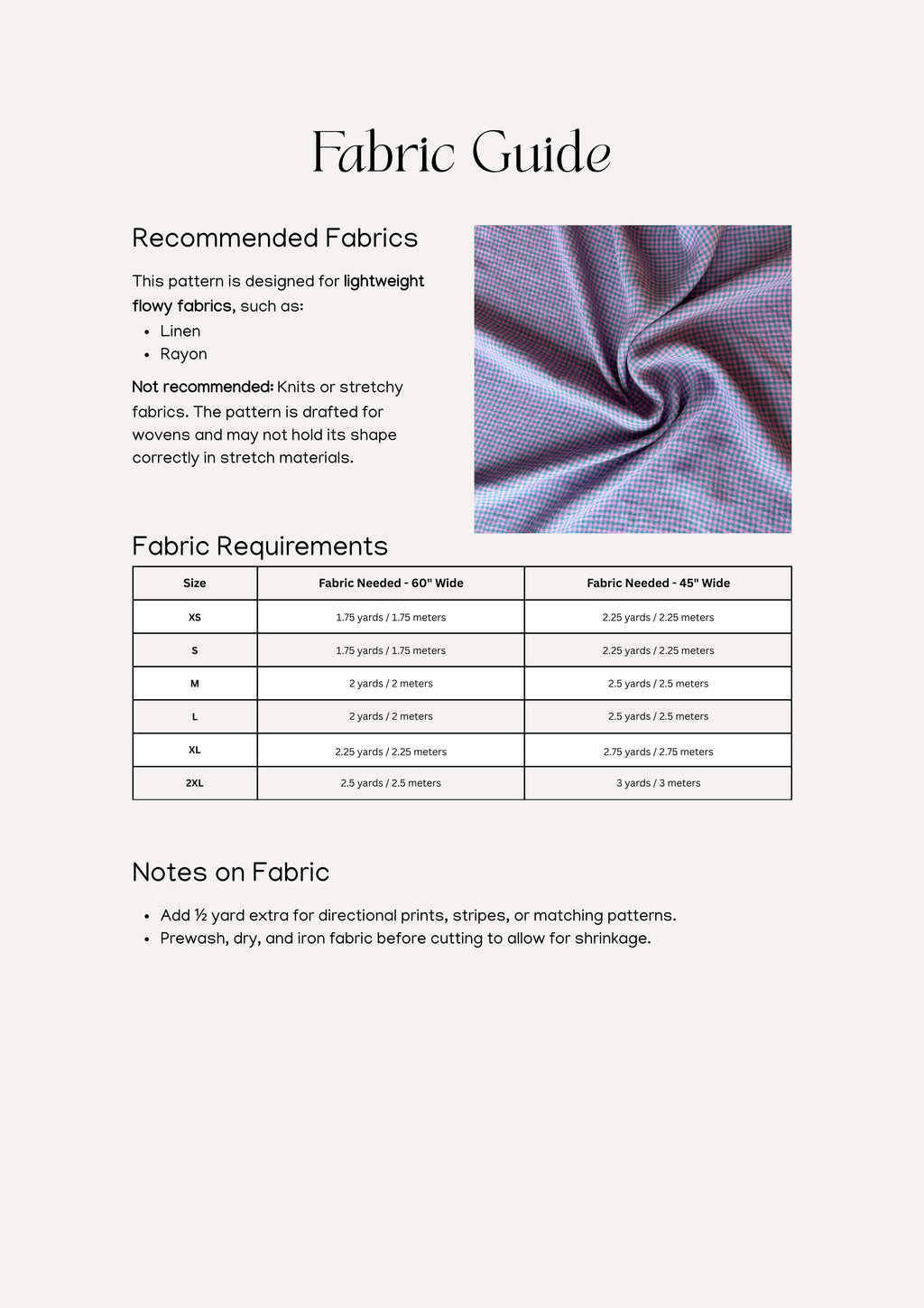 Eloise Dress sewing pattern – recommended fabrics and amount of fabric needed based on size.