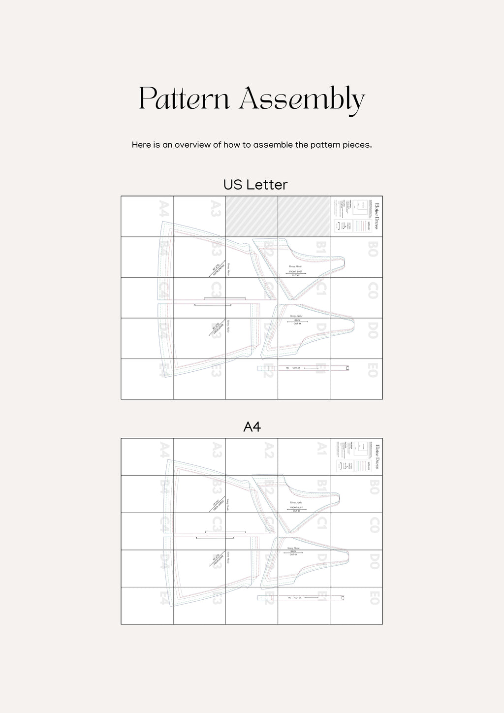 Eloise Dress sewing pattern – dress pattern assembly guide showing how to print and put together pattern pieces.