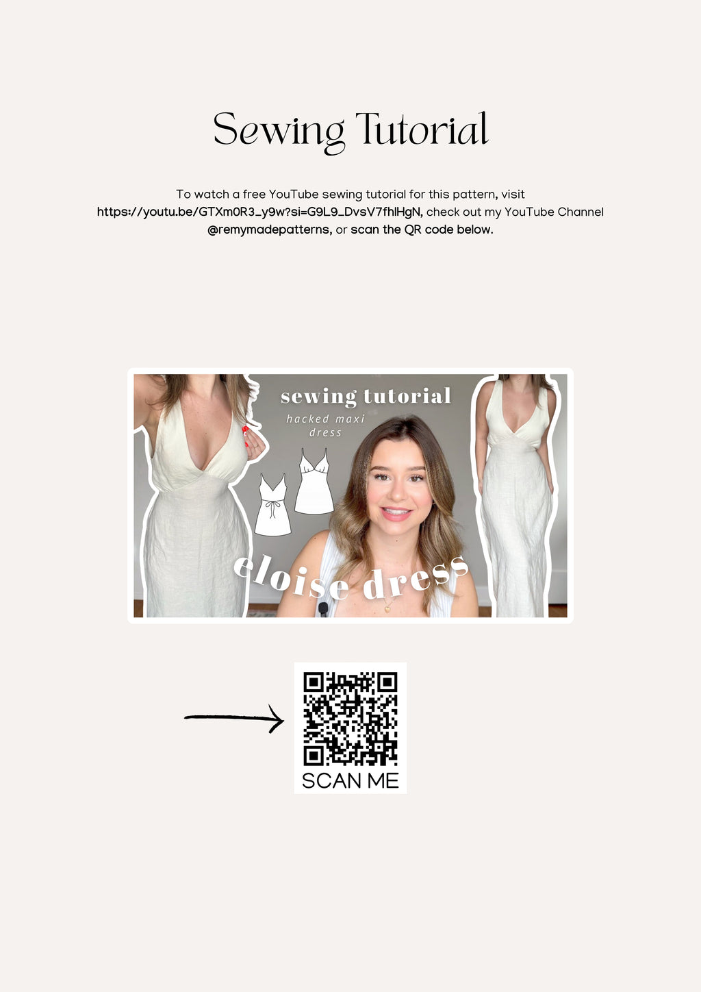 Eloise Dress sewing pattern – dress pattern tutorial or information showing where to access the sewing tutorial video on youtube.