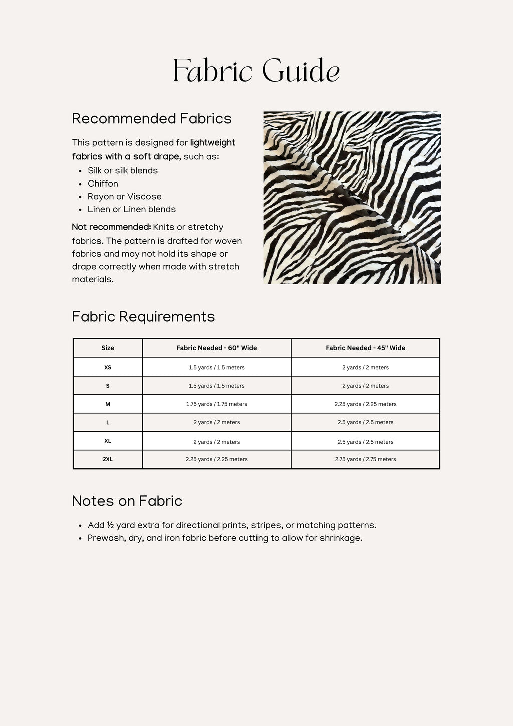 Genevieve Top sewing pattern – top pattern information for amount and types of fabric.