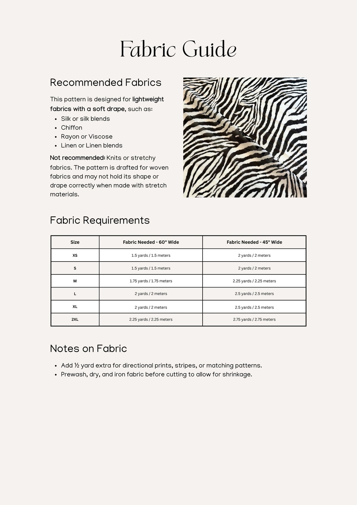 Genevieve Top sewing pattern – top pattern information for amount and types of fabric.