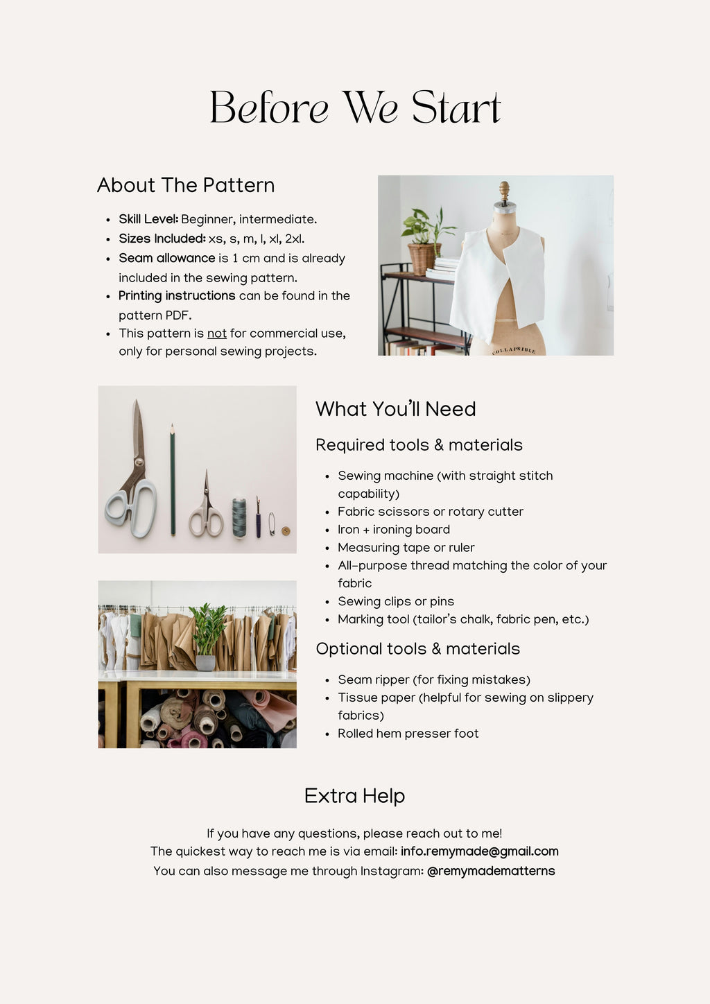 Genevieve Top sewing pattern  – top pattern sewing guide showing materials and tools needed before starting.