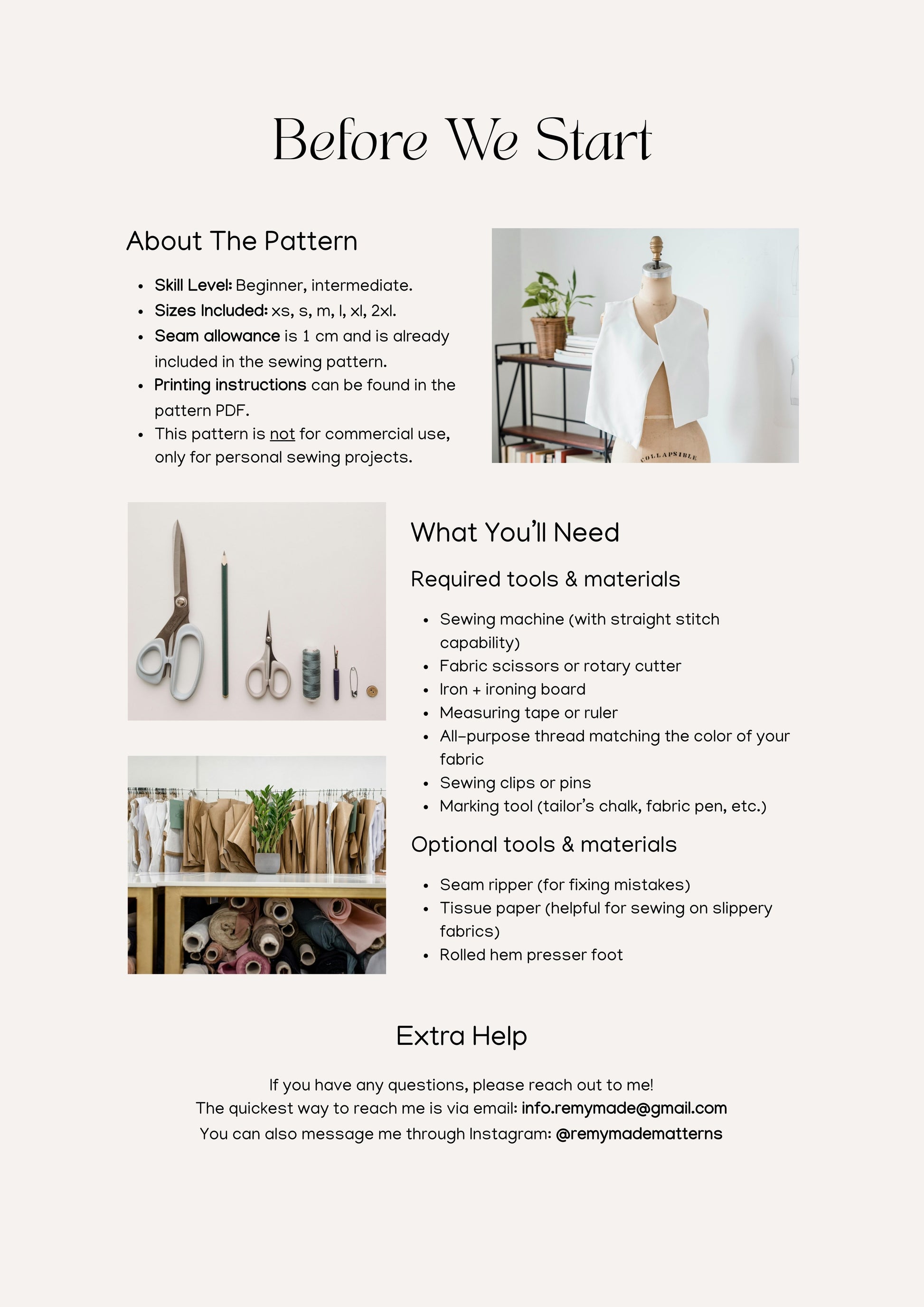 Genevieve Top sewing pattern  – top pattern sewing guide showing materials and tools needed before starting.