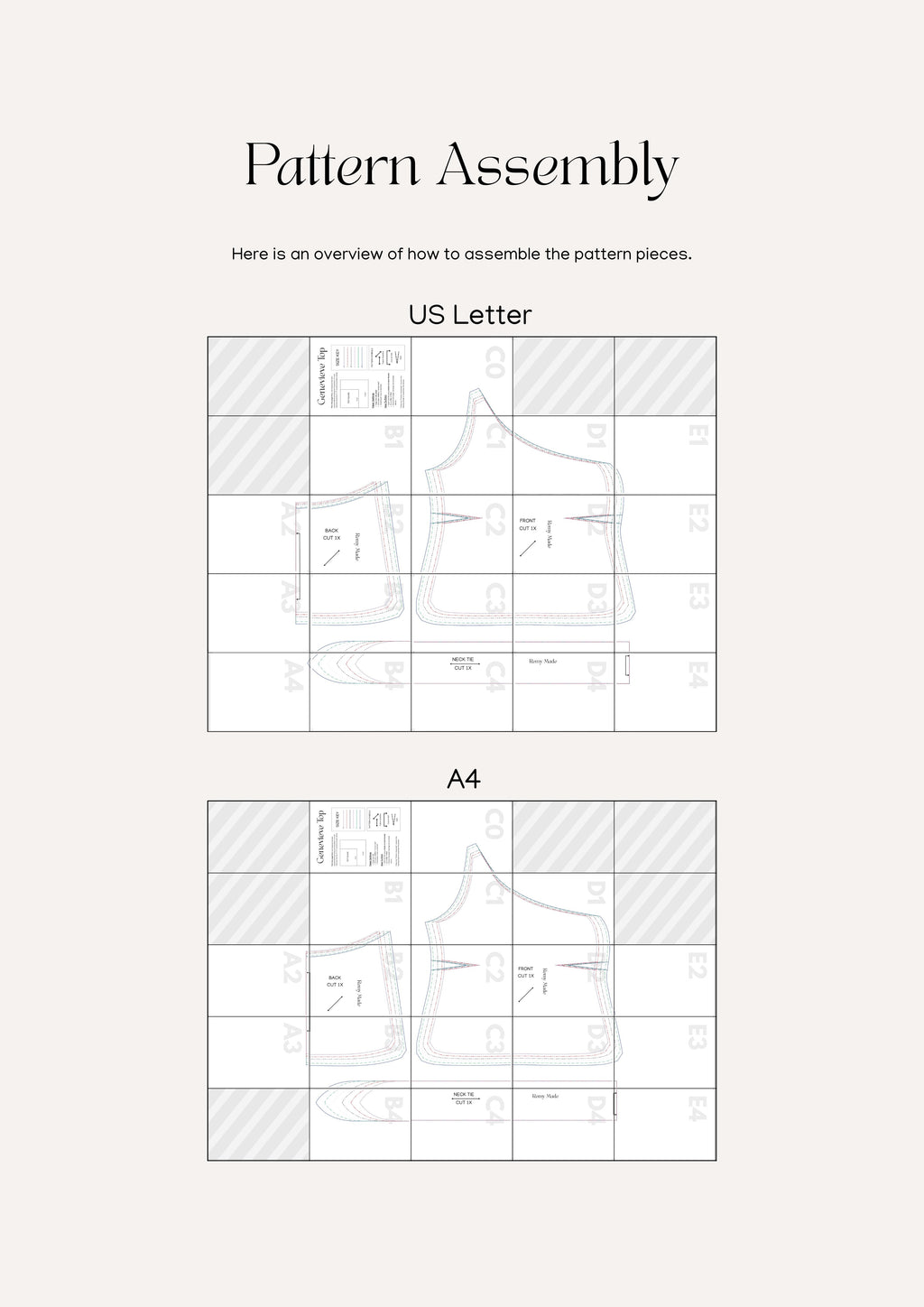 Genevieve Top sewing pattern  – top pattern assembly guide showing how to print and put together pattern pieces.