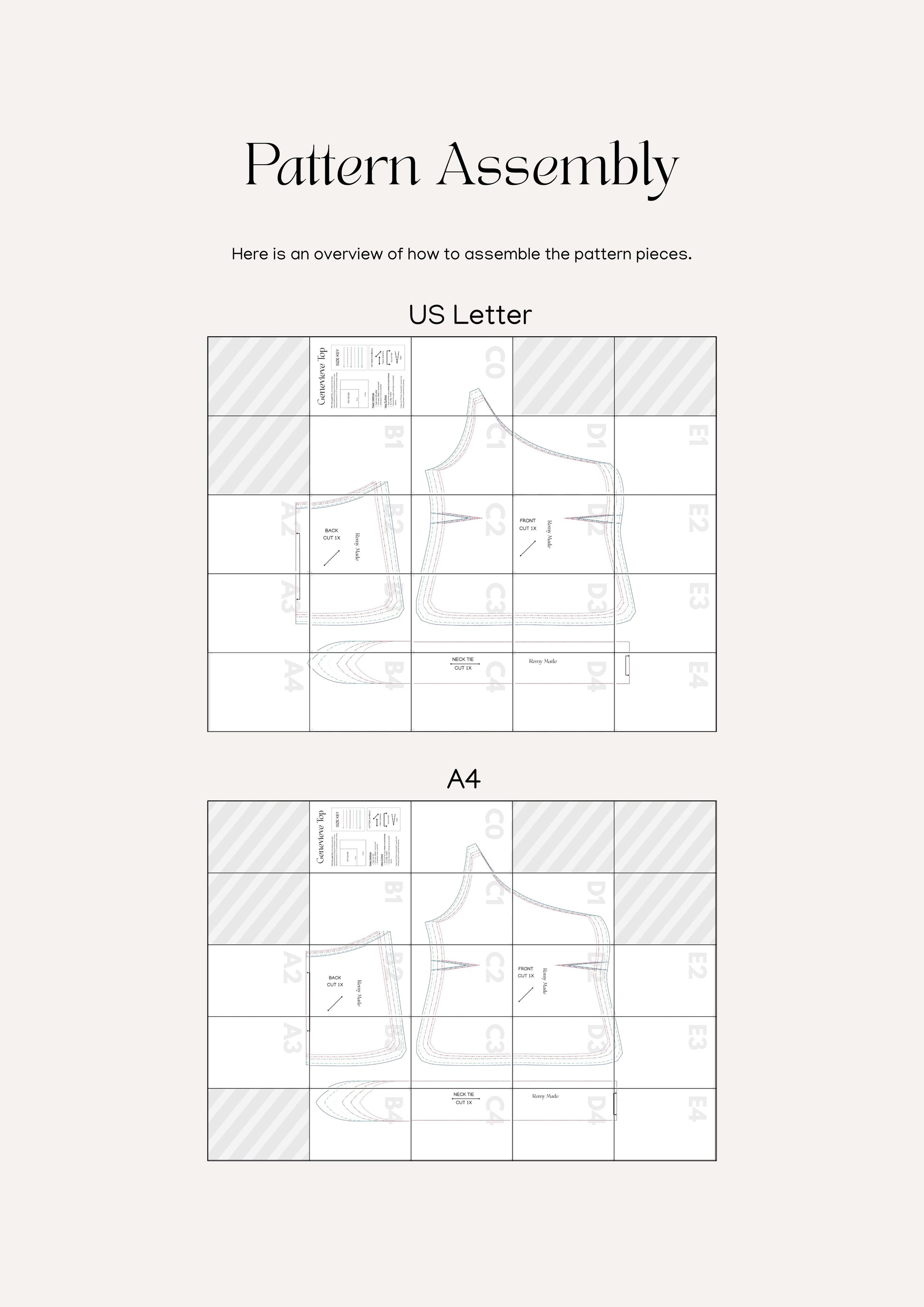 Genevieve Top sewing pattern  – top pattern assembly guide showing how to print and put together pattern pieces.