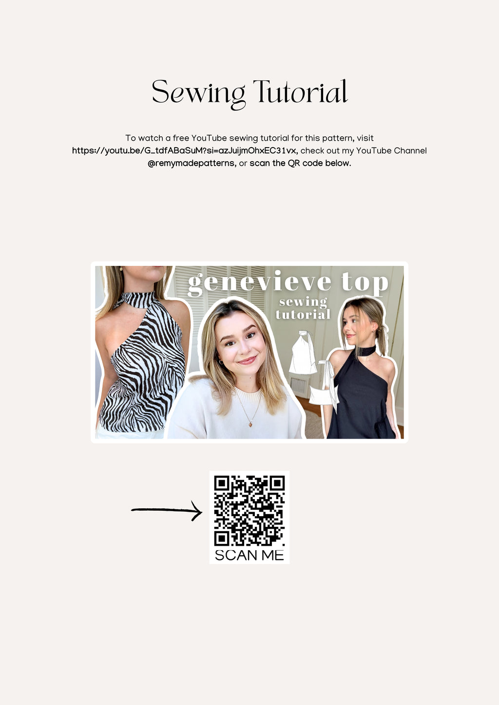 Genevieve Top sewing pattern – Top sewing tutorial or information showing where to access the sewing video on Youtube