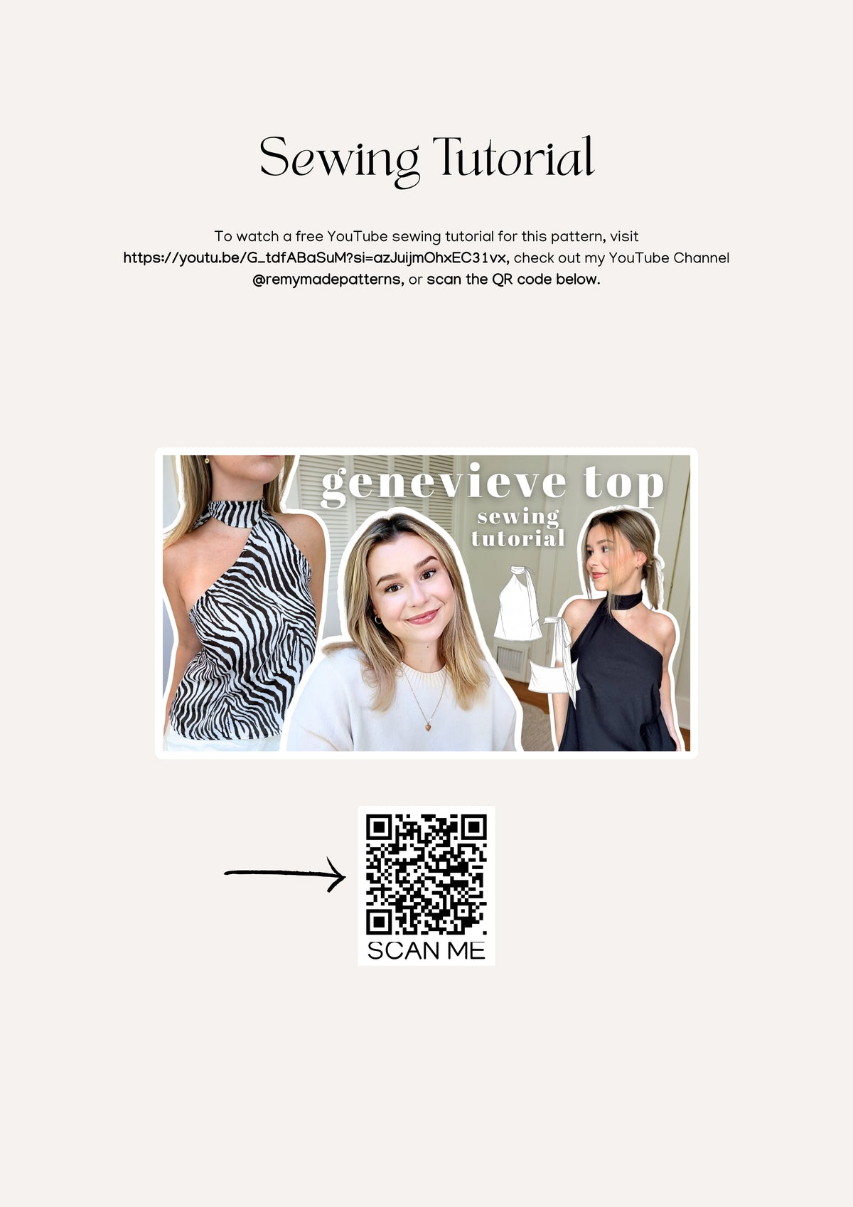 Genevieve Top sewing pattern – Top sewing tutorial or information showing where to access the sewing video on Youtube