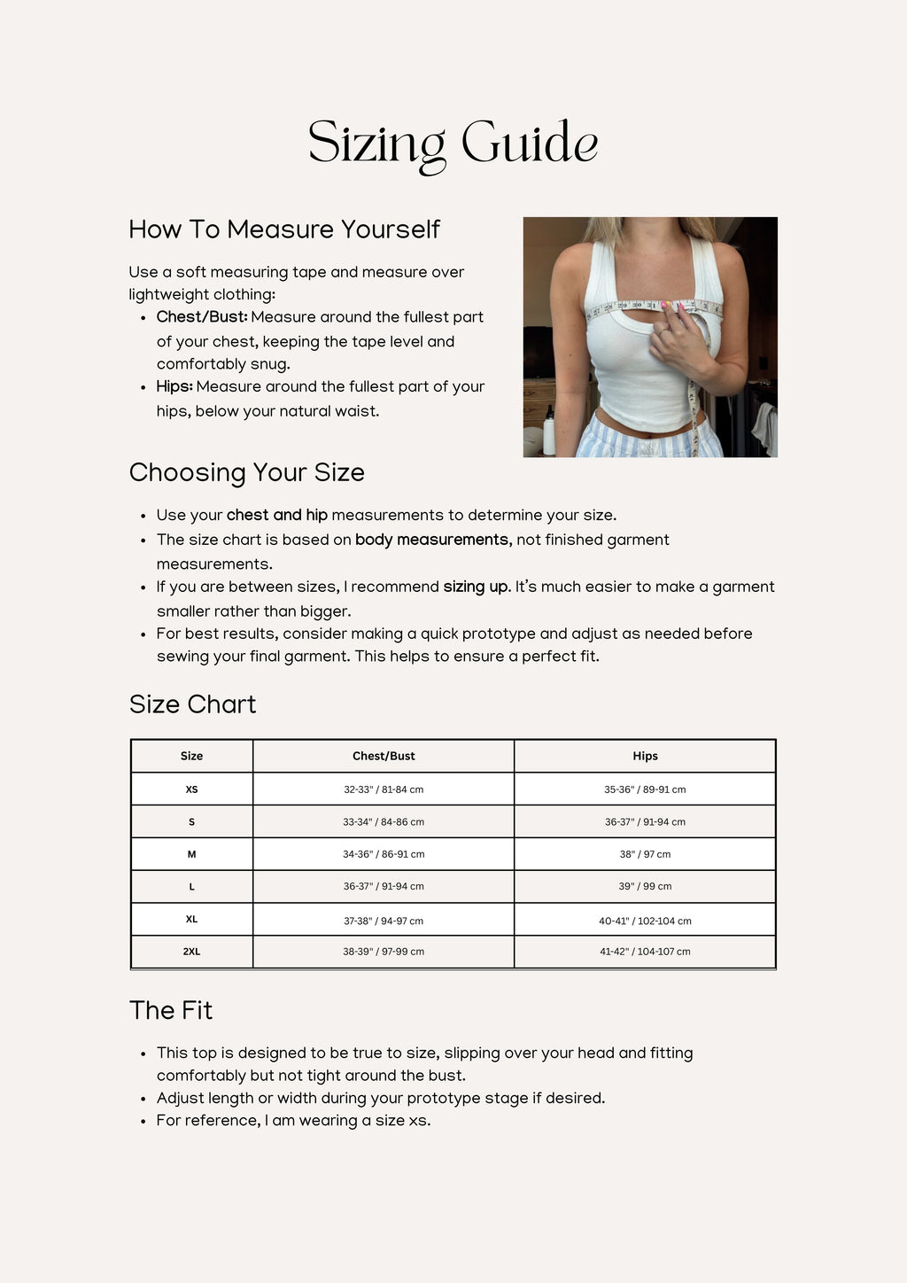 Genevieve Top sewing pattern – top pattern sizing information and measurement chart for accurate fit.