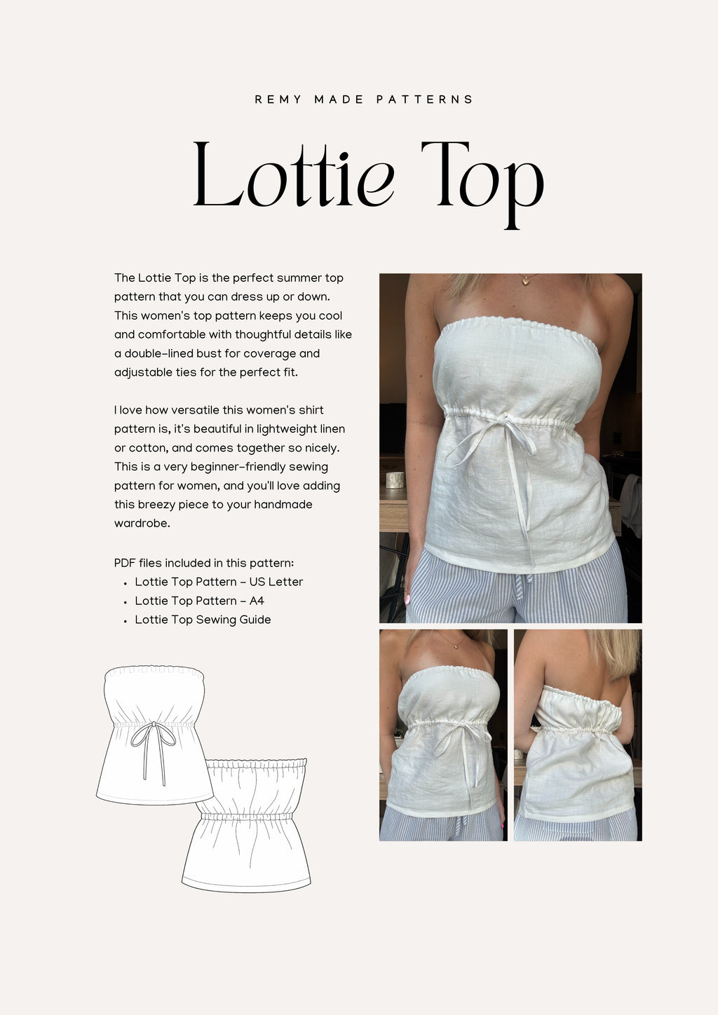 Lottie Top sewing pattern – blouse pattern product details including features and sewing instructions.