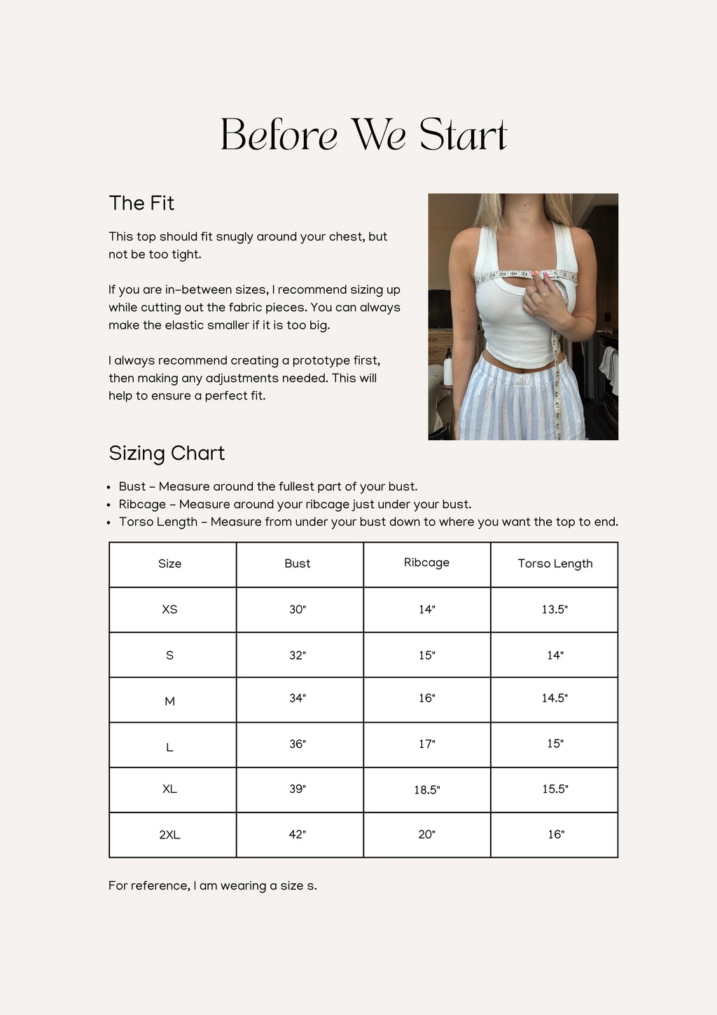 Lottie Top sewing pattern – blouse pattern sizing information and measurement chart for accurate fit.