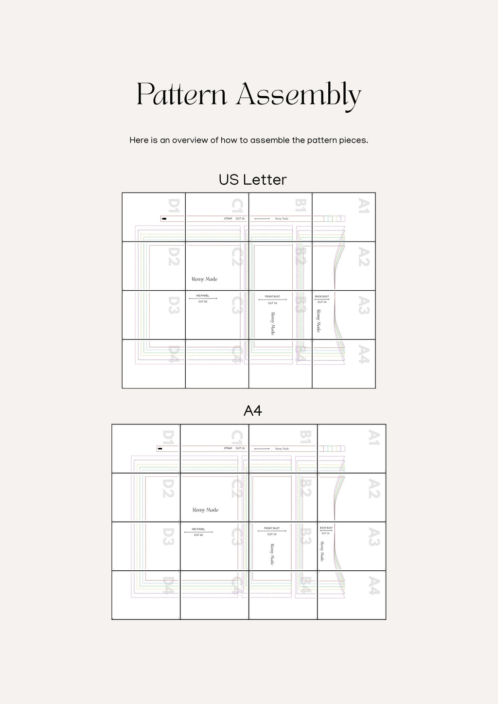 Lottie Top sewing pattern – blouse pattern assembly guide showing how to print and put together pattern pieces.