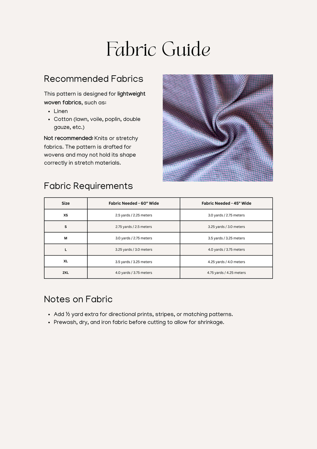 Lucy Dress sewing pattern – maxi dress pattern information for amount and types of fabric.