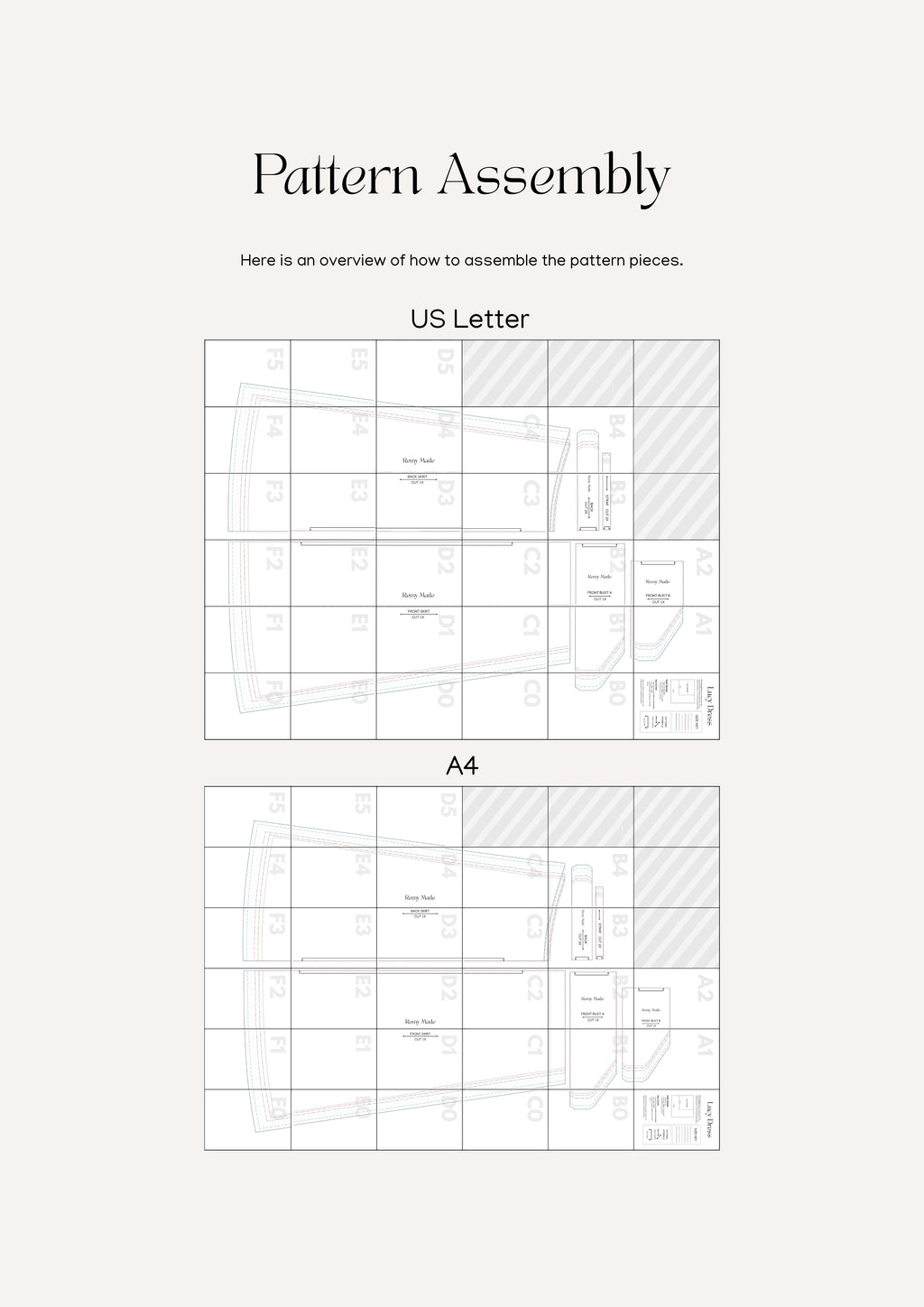 Lucy Dress sewing pattern  – maxi dress pattern assembly guide showing how to print and put together pattern pieces.
