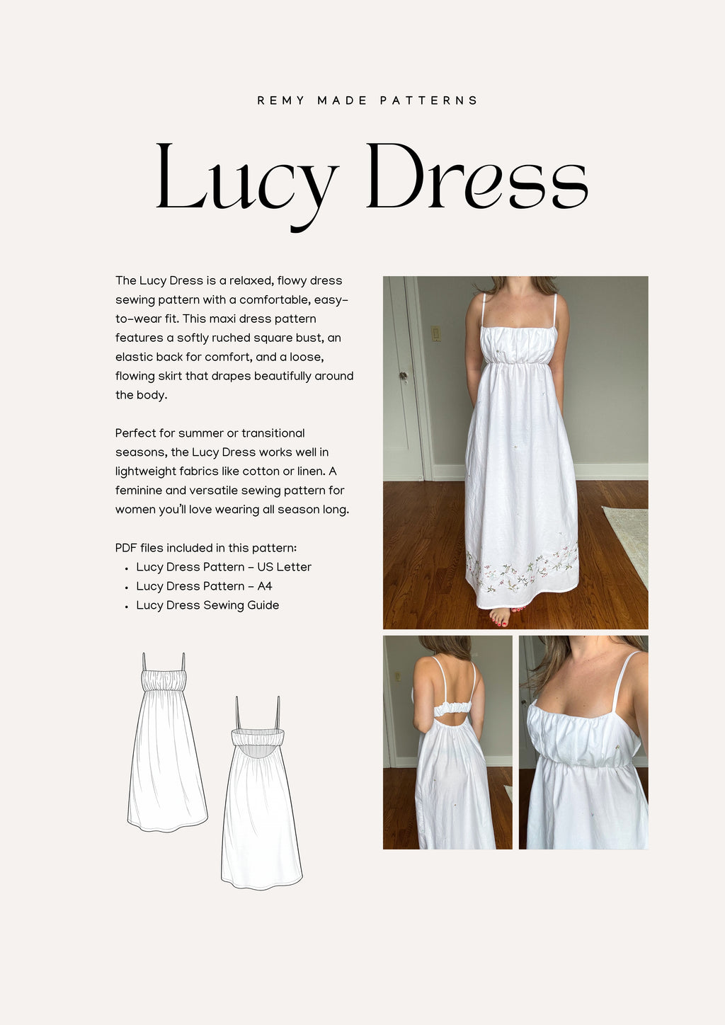 Lucy Dress sewing pattern  – maxi dress pattern product details including features and sewing instructions.