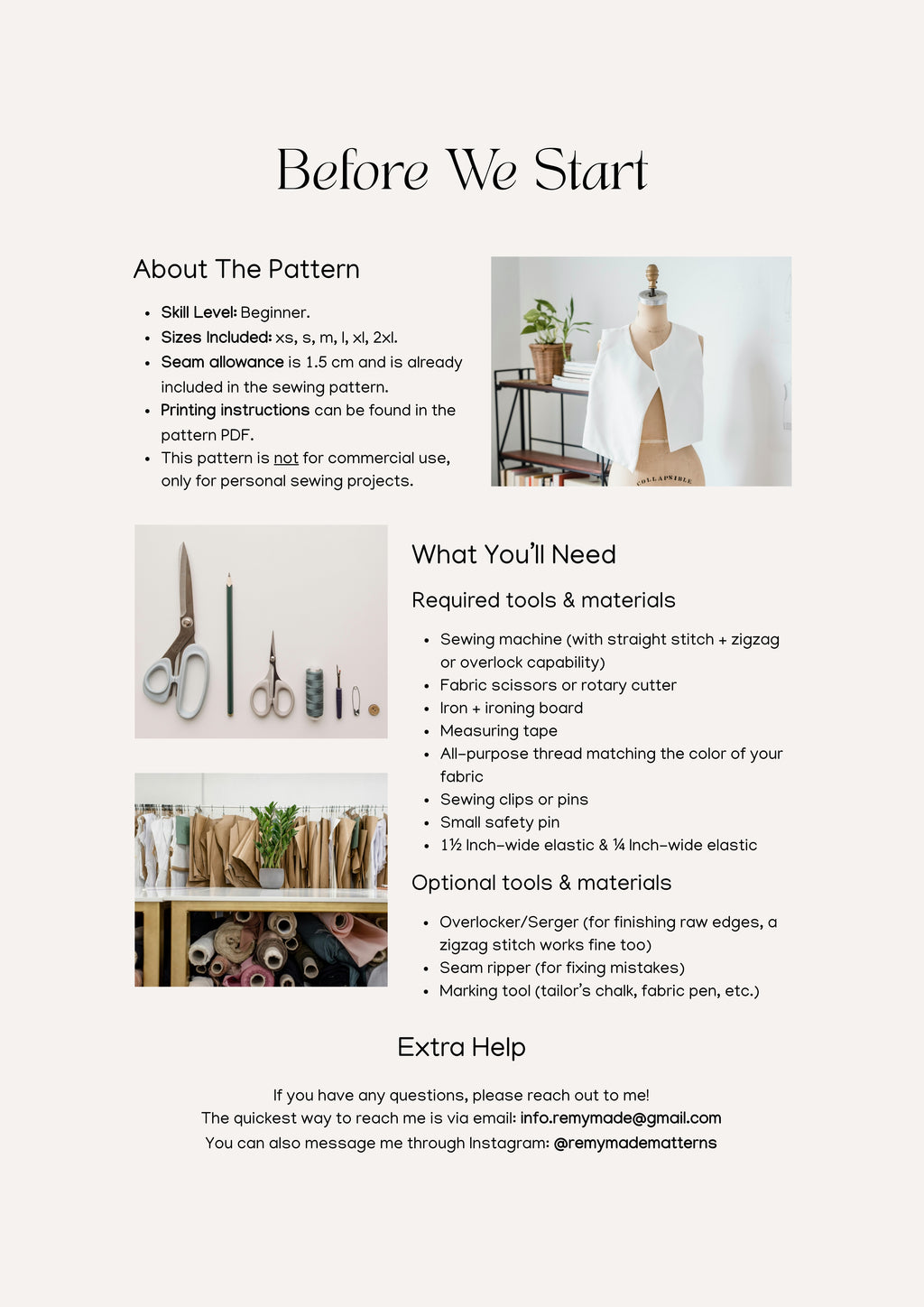 Lucy Dress sewing pattern  – maxi dress pattern sewing guide showing materials and tools needed before starting.