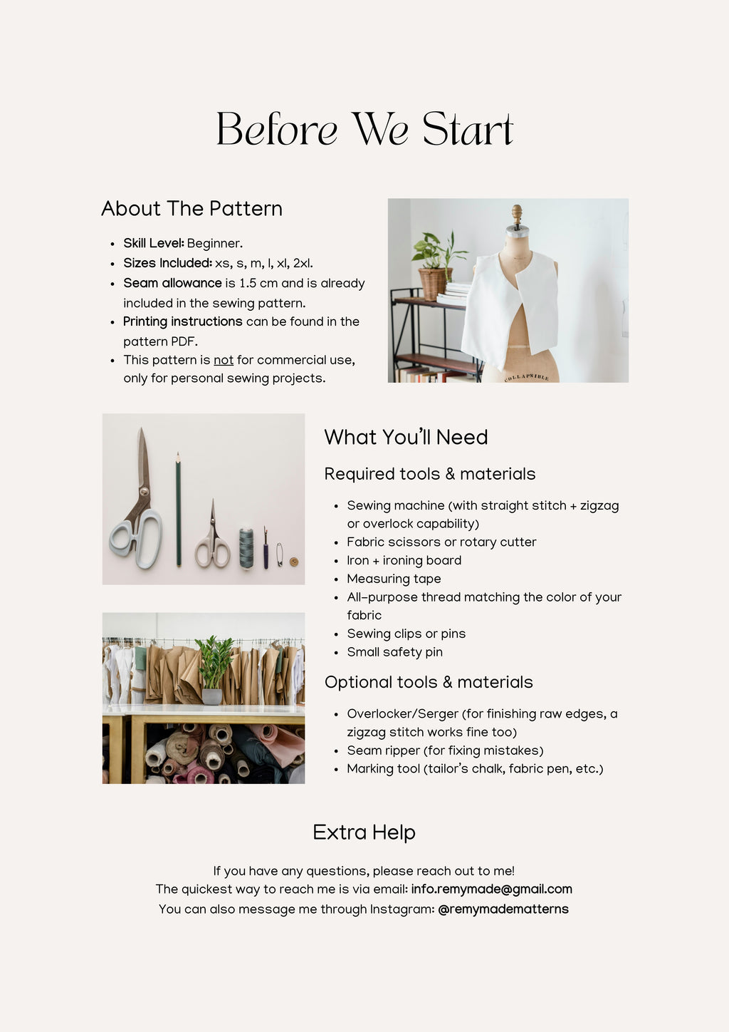 Margot Top sewing pattern  – top pattern sewing guide showing materials and tools needed before starting.