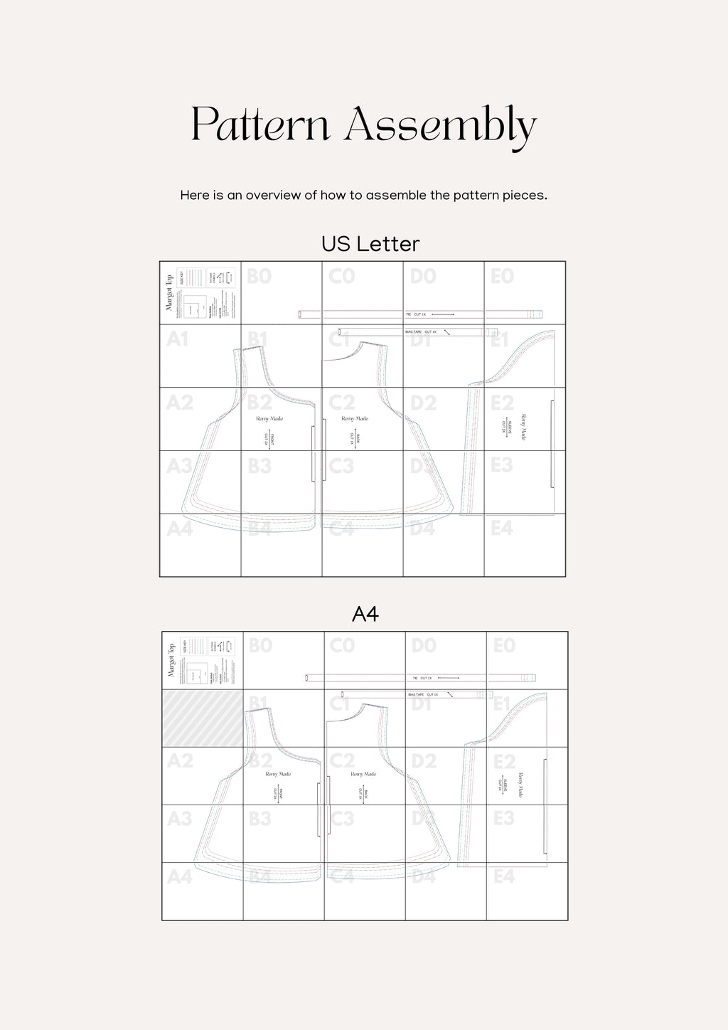 Margot Top sewing pattern  – top pattern assembly guide showing how to print and put together pattern pieces.