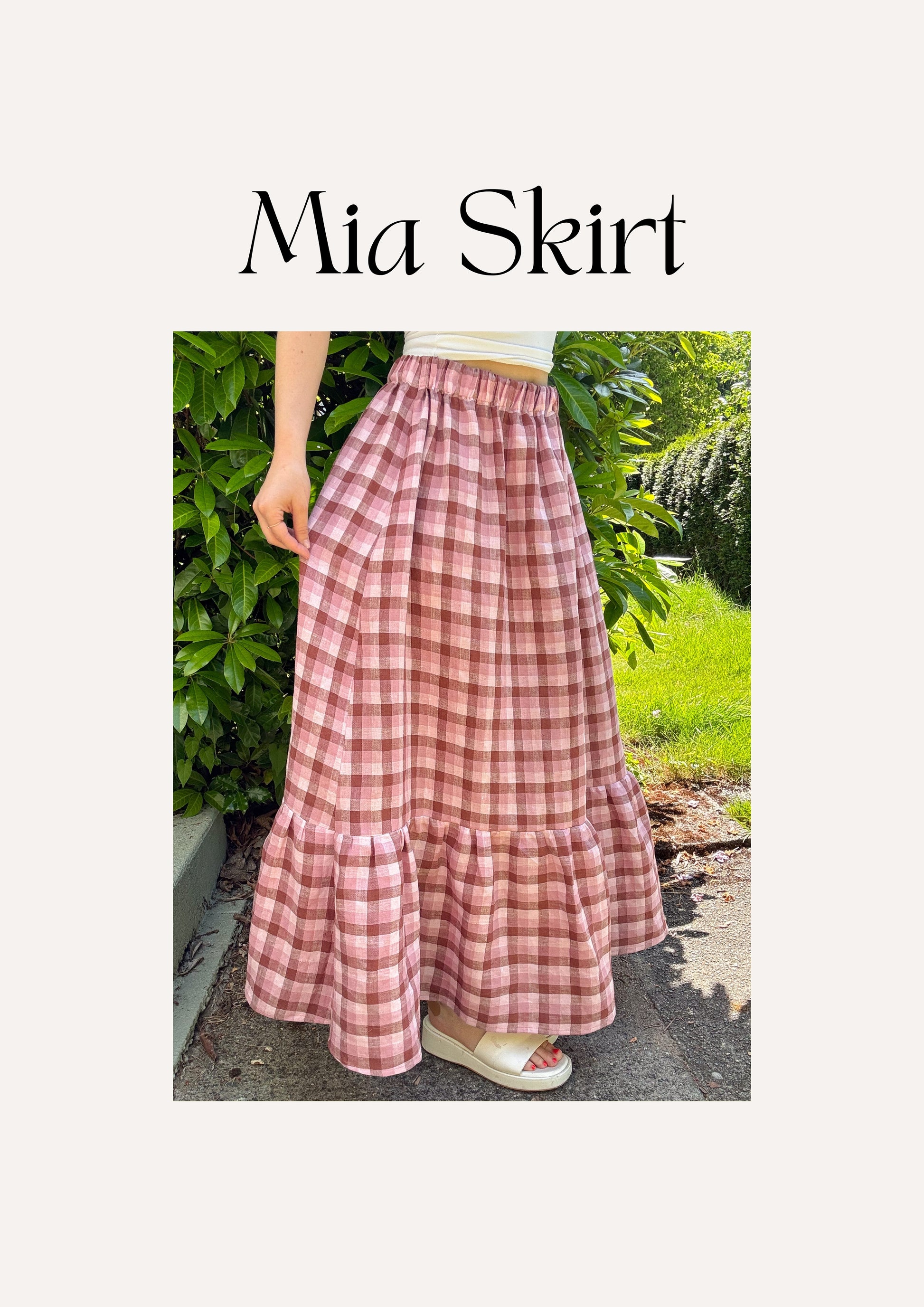 Mia Skirt sewing pattern – beginner-friendly maxi skirt pattern showing the finished skirt design.