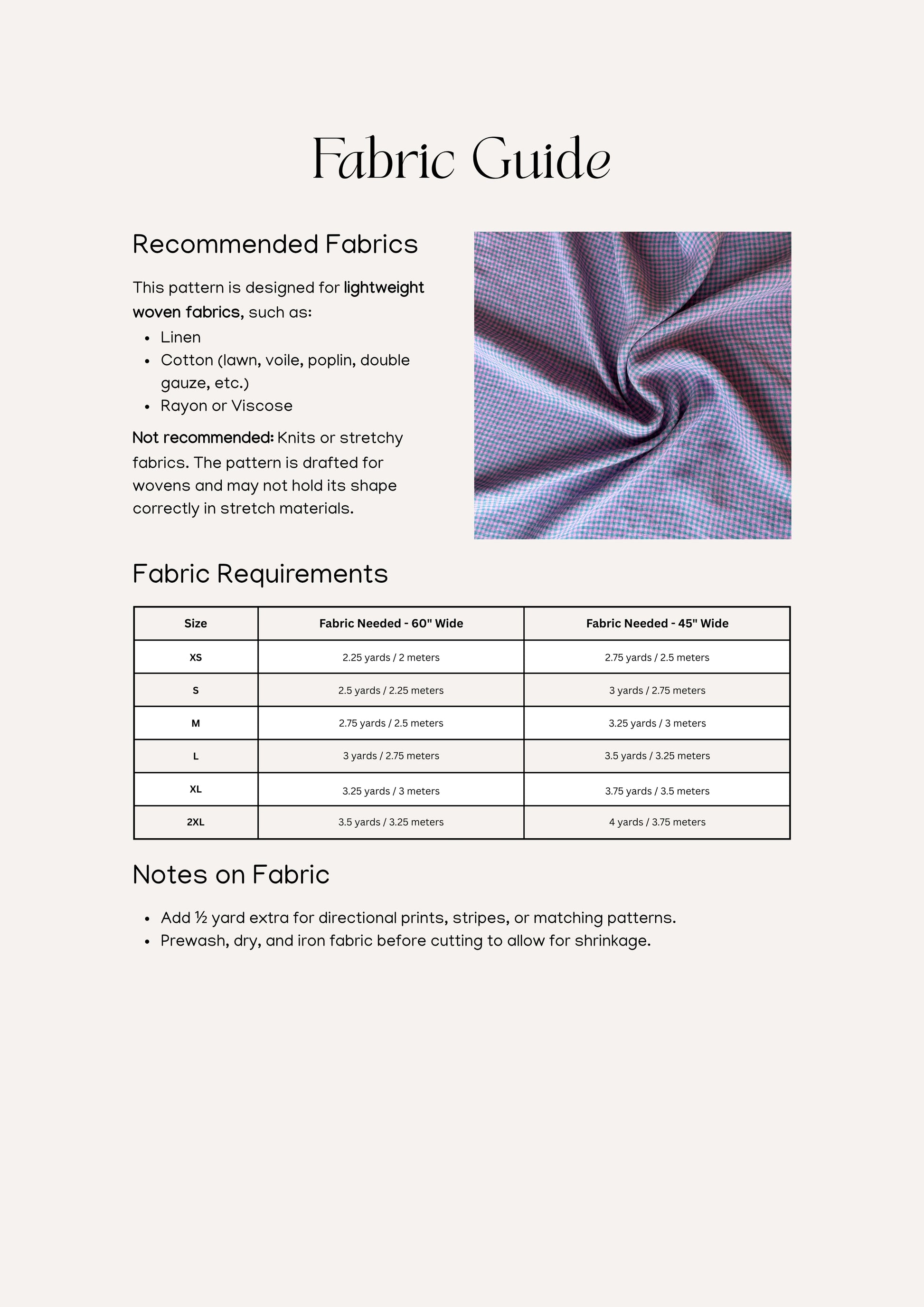 Mia Skirt sewing pattern – maxi skirt pattern information for amount and types of fabric.