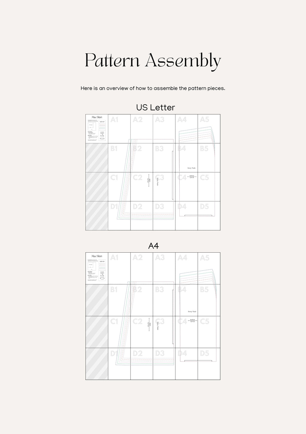 Mia Skirt sewing pattern – maxi skirt pattern assembly guide showing how to print and put together pattern pieces.
