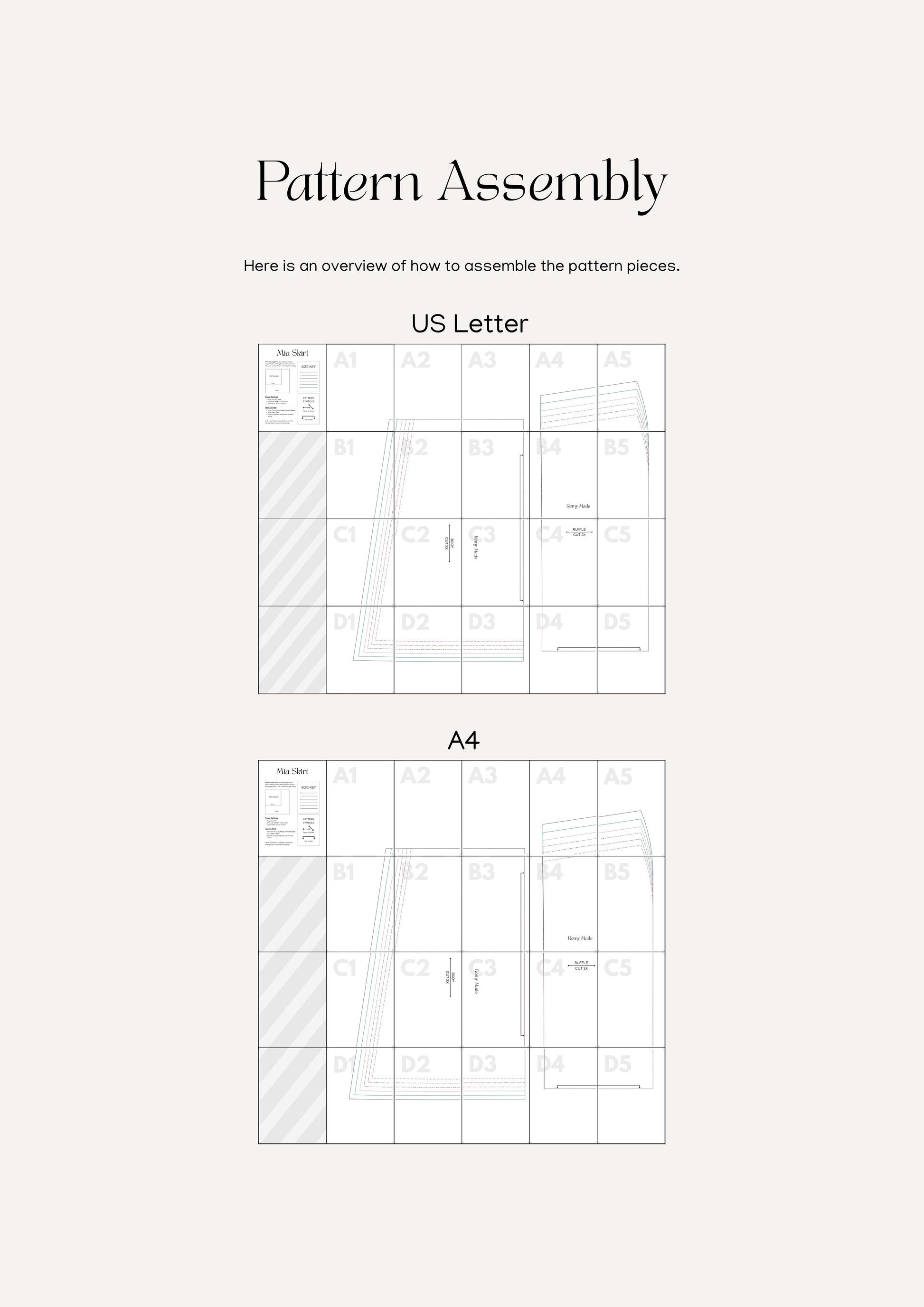 Mia Skirt sewing pattern – maxi skirt pattern assembly guide showing how to print and put together pattern pieces.