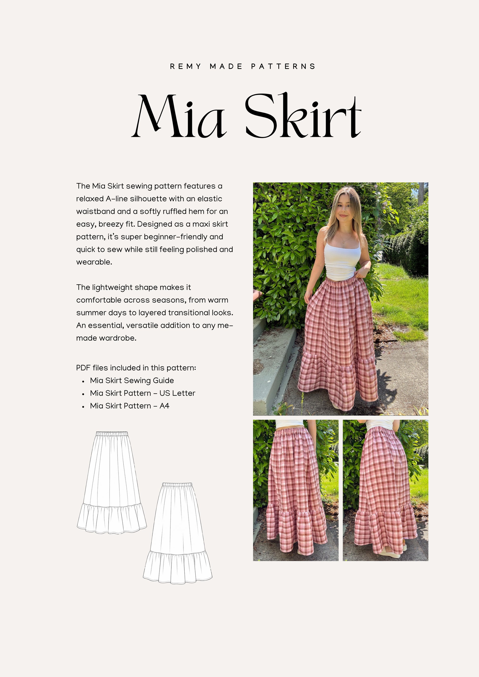 Mia Skirt sewing pattern  – maxi skirt pattern product details including features and sewing instructions.