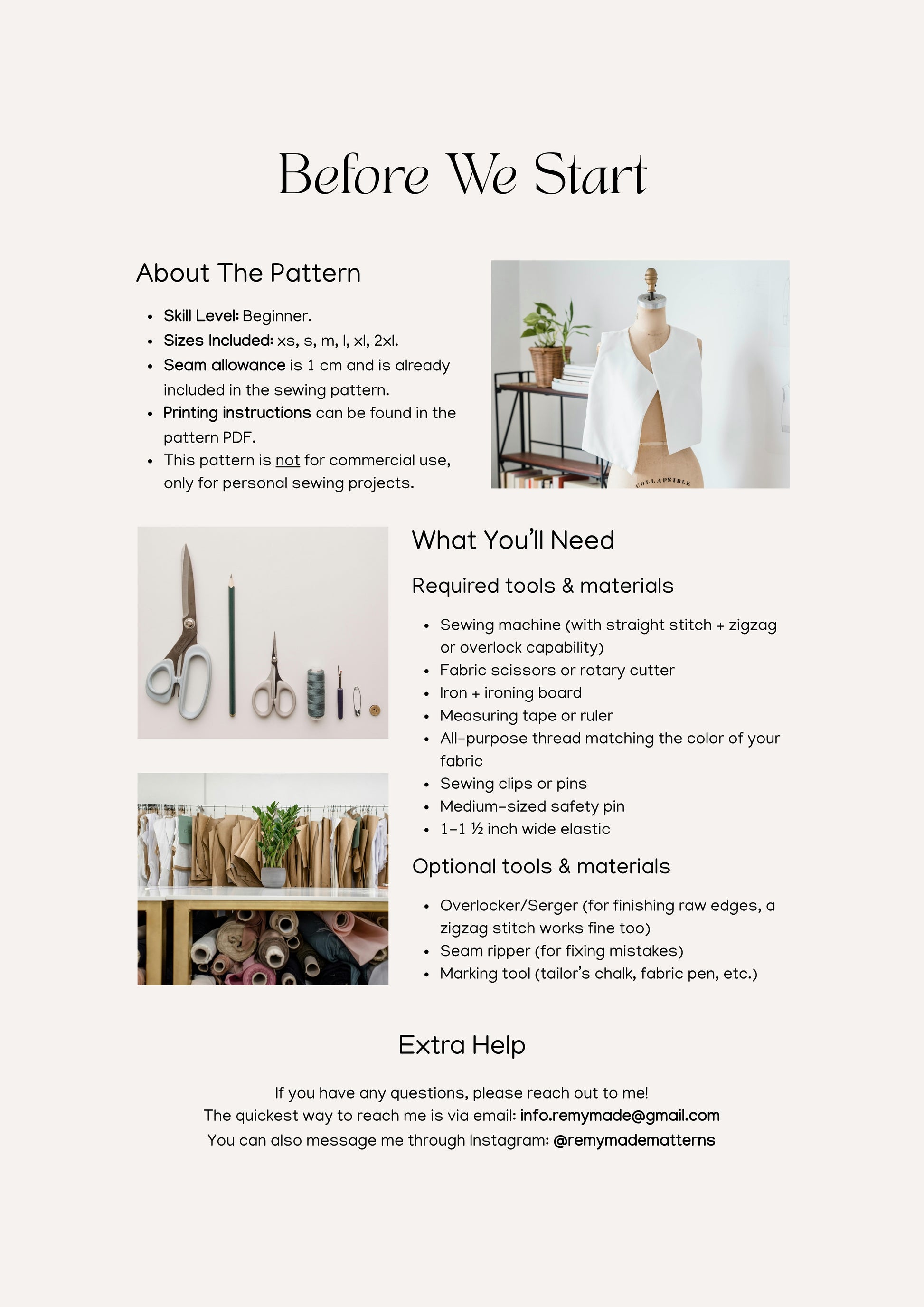 Mia Skirt sewing pattern  – maxi skirt pattern sewing guide showing materials and tools needed before starting.