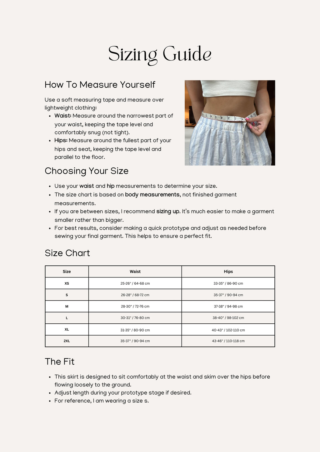 Mia Skirt sewing pattern – maxi skirt pattern sizing information and measurement chart for accurate fit.