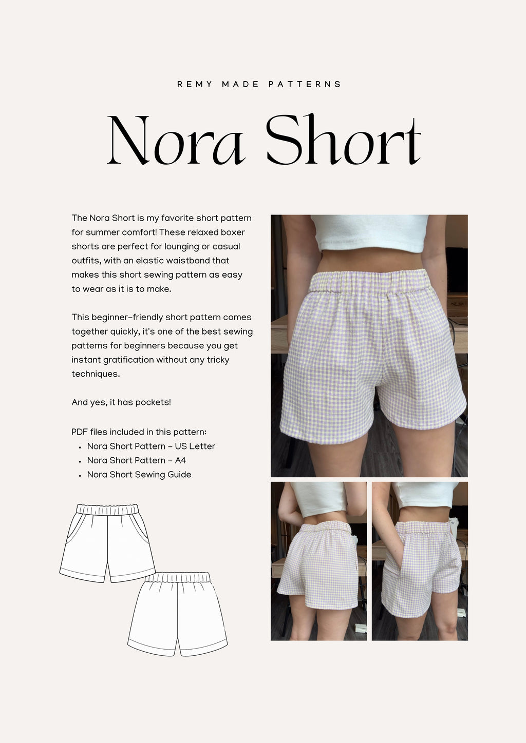 Nora Short sewing pattern – short pattern product details including features and sewing instructions.