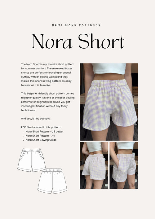 Nora Short sewing pattern – short pattern product details including features and sewing instructions.